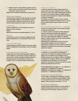103
 Mientras rastrees a otras criaturas, puedes conocer su
número exacto, sus tamaños y cuánto tiempo hace que
han pasado a través de una zona.
Eliges terrenos predilectos adicionales en el nivel 6 y 10.
Estilo de Combate
A partir del nivel 2 adoptas un estilo particular de combate
como especialidad. Elige una de las siguientes opciones.
No puedes elegir un Estilo de Combate más de una vez,
incluso si tienes la opción de escoger otro más adelante.
A Distancia
Ganas un bonificador de +2 a las tiradas de ataque que
hagas con armas a distancia.
Defensa
Mientras lleves puesta una armadura ganas un +1 la CA.
Duelista
Cuando llevas un arma en una mano y ningún arma más,
ganas un bonificador de +2 a las tiradas de daño con esa
arma.
Lucha con Dos Armas
Cuando luchas con el estilo de lucha de dos armas, puedes
añadir tu modificador de característica al daño del segundo
ataque.
Lanzamiento de Conjuros
Cuando alcances el nivel 2 habrás aprendido a utilizar la
esencia mágica de la naturaleza para lanzar conjuros, tal y
como lo hace un druida. Consulta el Capítulo 10 para ver
las reglas generales del lanzamiento de conjuros y al
Capítulo 11 para ver la lista de conjuros del explorador.
Espacios de Conjuro
La tabla del explorador muestra cuántos espacios de
conjuro tienes para lanzar conjuros de nivel 1 o superior.
Para lanzar uno de estos conjuros, debes gastar un espacio
de conjuros de nivel igual o superior al conjuro deseado.
Recuperas todos tus espacios de conjuros cuando finalizas
un descanso prolongado.
Por ejemplo, si conoces el conjuro de nivel 1 amistad
animal y tienes un espacio de conjuros de nivel 1 y uno de
nivel 2, puedes lanzarlo usando cualquiera de los dos
espacios.
Conjuros Conocidos de Nivel 1 y Superior
Conoces dos conjuros de nivel 1 de tu elección de la lista
de conjuros del explorador.
La columna Conjuros Conocidos de la tabla explorador
muestra cuándo puedes aprender más conjuros de
explorador a tu elección. Cada conjuro debe ser de un nivel
para el que tengas espacios de conjuros. Por ejemplo,
cuando se alcanza el nivel 5 en esta clase, puede aprender
un nuevo con-juro de nivel 1 o 2.
Adicionalmente, cuando ganas un nivel en esta clase,
puedes elegir reemplazar uno de tus conjuros de
explorador que conozcas por uno de la lista de conjuros del
explorador, el cual debe ser de un nivel para el que tengas
espacios de conjuros.
Característica para el Lanzamiento De Conjuros
La sabiduría es tu característica de lanzamiento de
conjuros para tus hechizos de explorador, debido a que tu
magia viene de tu sintonía con la naturaleza. Usas tu
Sabiduría siempre que un conjuro se refiera a tu habilidad
de lanzamiento de conjuros. Además, usas tu modificador
de Sabiduría para de-terminar la CD de la tirada de
salvación de un conjuro de explorador que lances y cuando
realices una tirada de ataque con uno.
CD de la Salvación de un Conjuro = 8 + tu bonificador de
competencia + tu modificador de Sabiduría
Modificador de Ataque de un Conjuro = tu bonificador de
competencia + tu modificador de Sabiduría
Arquetipo de Explorador
A nivel 3 eliges un arquetipo que te esfuerzas en emular:
Cazador o Señor de las Bestias, ambos detallados al final
de la descripción de la clase. Tu elección te proporciona
rasgos a nivel 3 y de nuevo a los niveles 7, 11, y 15.
Conciencia Primitiva
A partir del nivel 3 puedes utilizar una acción y gastar un
espacio de conjuros para concentrar tu atención en el
terreno que te rodea. Durante 1 minuto por nivel de
 