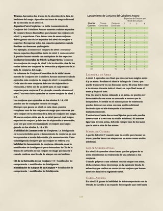 110
Trucos. Aprendes dos trucos de tu elección de la lista de
hechizos del mago. Aprendes un truco de mago adicional
de tu elección en el nivel 10.
Espacios Para Conjuros. La tabla Lanzamiento de
Conjuros del Caballero Arcano muestra cuántos espacios
de conjuro tienes disponibles para lanzar tus conjuros de
nivel 1 y superiores. Para lanzar uno de esos conjuros,
debes gastar uno de los espacios del nivel del conjuro o
superior. Recuperas todos los espacios gastados cuando
finalizas un descanso prolongado.
Por ejemplo, si conoces el conjuro de nivel 1 escudo y
tienes espacios disponibles tanto de nivel 1 como de nivel
2, puedes lanzar escudo con cualquiera de los espacios.
Conjuros Conocidos de Nivel 1 y Superiores. Conoces
tres conjuros de mago de nivel 1 de tu elección, dos de los
cuales deben ser conjuros de evocación y abjuración de la
lista de conjuros del mago.
La columna de Conjuros Conocidos de la tabla Lanza-
miento de Conjuros del Caballero Arcano muestra cuándo
aprendes más conjuros de mago de nivel 1 o superiores.
Cada uno de esos conjuros debe ser de abjuración o
evocación, y debe ser de un nivel para el cual tengas
espacios para conjuros. Por ejemplo, cuando alcanzas el
nivel 7 en esta clase aprendes un nuevo conjuro de nivel 1
o 2.
Los conjuros que aprendes en los niveles 8, 14 y 20
pueden ser de cualquier escuela de magia.
Siempre que ganes un nivel en esta clase, puedes
remplazar uno de los conjuros de mago que conozcas por
otro conjuro de tu elección de la lista de conjuros del mago.
El nuevo conjuro debe ser de un nivel para el cual tengas
espacios de conjuro, y debe ser de abjuración o evocación,
a no ser que estés reemplazando el conjuro que hayas
ganado en los niveles 8, 14 o 20.
Habilidad de Lanzamiento de Conjuros. La Inteligencia
es tu característica para el lanzamiento de conjuros, ya que
los aprendes a través del estudio y la memorización. Usas
tu Inteligencia siempre que un conjuro se refiera a tu
habilidad de lanzamiento de conjuros. Además, usas tu
modificador de Inteligencia para determinar la CD de la
tirada de salvación de un conjuro de mago que lances y
cuando realices una ti-rada de ataque con un hechizo.
CD de la Salvación de un Conjuro = 8 + bonificador de
competencia + modificador de Inteligencia
Modificador de Ataque de un Conjuro = bonificador de
competencia + modificador de Inteligencia
Lanzamiento de Conjuros del Caballero Arcano
Espacios de Conjuro por
Nivel de Conjuro
Nivel de
Guerrero
Trucos
Conocidos
Conjuros
Conocidos
1 2 3 4
3 2 3 2 - - -
4 2 4 3 - - -
5 2 4 3 - - -
6 2 4 3 - - -
7 2 5 4 2 - -
8 2 6 4 2 - -
9 3 6 4 2 - -
10 3 7 4 3 - -
11 3 8 4 3 - -
12 3 8 4 3 - -
13 3 9 4 3 2 -
14 3 10 4 3 2 -
15 3 10 4 3 2 -
16 3 11 4 3 3 -
17 3 11 4 3 3 -
18 3 11 4 3 3 -
19 3 12 4 3 3 1
20 3 13 4 3 3 1
Ligadura de Arma
A nivel 3 aprendes un ritual que crea un lazo mágico entre
ti y un arma. Realizas el ritual a lo largo de 1 hora, que
puede transcurrir en un descanso corto. El arma debe estar
a tu alcance durante todo el ritual, en cuyo final tocas el
arma y forjas el lazo.
Una vez que te hayas enlazado a un arma, no puedes ser
desarmado de esa arma en concreto a menos que te
incapaciten. Si estáis en el mismo plano de existencia
puedes invocar ese arma con una acción adicional
haciendo que se tele-transporte a tus manos
instantáneamente.
Puedes tener hasta dos armas ligadas, pero solo puedes
invocar una a la vez con tu acción adicional. Si intentas
ligar una tercera arma, deberás romper uno de los lazos
que te unía a otra de las armas.
Magia de Guerra
A partir del nivel 7 cuando usas tu acción para lanzar un
truco, puedes hacer un ataque con un arma como acción
adicional.
Golpe Sobrenatural
En nivel 10 aprendes cómo hacer que los golpes de tu
arma disminuyan la resistencia de una criatura a tus
conjuros.
Cuando golpeas a una criatura con un ataque con arma,
dicha criatura tiene desventaja en la siguiente tirada de
salvación que realice en contra de un conjuro que lances
antes del final de tu siguiente turno.
Carga Arcana
En nivel 15, ganas la habilidad de teletransportarte con tu
Oleada de Acción a un espacio desocupado que esté hasta
 