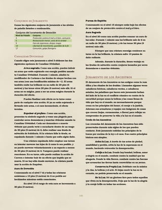 146
Conjuros de Juramento
Ganas los siguientes conjuros de juramento a los niveles
de paladín listados a continuación.
Conjuros del Juramento de Devoción
Nivel de Paladín Conjuros
3 Protección contra el mal y el bien, santuario
5 Restauración menor, zona de la verdad
9 Faro de esperanza, disipar magia
13 Libertad de movimiento, guardián de la fe
17 Comunión, golpe flamígero
Canalizar Divinidad
Cuando eliges este juramento a nivel 3 obtienes las dos
siguientes opciones de Canalizar Divinidad.
Arma sagrada. Como una acción, puedes imbuir
un arma que estés sujetando con energía positiva usando
tu Canalizar Divinidad. Durante 1 minuto, añades tu
modificador de Carisma a las tiradas de ataque hechas con
esa arma (con una bonificación mínima de +1). El arma
también emite luz brillante en un radio de 20 pies (6
metros) y luz tenue otros 20 pies (6 metros) más allá. Si el
arma no es mágica, pasa a ser un arma mágica durante la
duración del efecto.
Puedes finalizar este efecto en tu turno como
parte de cualquier otra acción. Si ya no estás sujetando o
llevando este arma, o si caes inconsciente, el efecto
termina.
Expulsar al profano. Como una acción,
presentas tu símbolo sagrado y rezas una plegaria para
controlar seres demoníacos y muertos vivientes usando tu
Canalizar Divinidad. Cada ser demoníaco o muerto
viviente que pueda verte o escucharte dentro de un rango
de 30 pies (9 metros) de ti, debe realizar una tirada de
salvación de Sabiduría. Si la criatura falla la tirada, es
expulsada durante 1 minuto o hasta que sufra algún daño.
Una criatura expulsada debe emplear sus turnos
en intentar moverse tan lejos de ti como le sea posible, y
no puede moverse voluntariamente a un espacio a menos
de 30 pies (9 metros) de ti. Tampoco puede realizar
reacciones. En su turno, sólo puede realizar la acción de
Carrera o intentar huir de un efecto que impida que se
mueva. Si no hay sitio donde moverse, la criatura puede
usar la acción de Esquivar.
Aura de Devoción
Comenzando en el nivel 7 tú y todas las criaturas
amistosas a 10 pies (3 metros) de ti no podéis ser
hechizados mientras estéis conscientes.
En nivel 18 el rango de esta aura se incrementa a
30 pies (9 metros).
Pureza de Espíritu
Comenzando en el nivel 15 siempre estás bajo los efectos
de un conjuro de protección contra el mal y el bien.
Aura Sagrada
En el nivel 20 como una acción puedes emanar un aura de
luz solar. Durante 1 minuto una luz brillante sale de ti en
un radio de 30 pies (9 metros), y de luz tenue 30 pies (9
metros) más allá.
Siempre que una criatura enemiga comience su
turno en la luz brillante, la criatura sufre 10 puntos de
daño radiante.
Además, durante la duración, tienes ventaja en
las tiradas de salvación contra conjuros lanzados por seres
demoníacos o muertos vivientes.
Juramento de los Ancestros
El Juramento de los Ancestros es tan antiguo como la raza
élfica y los rituales de los druidas. Llamados algunas veces
caballeros feéricos, caballeros verdes, o caballeros
astados, los paladines que hacen este juramento luchan
del lado de la luz en el conflicto cósmico en contra de la
oscuridad porque aman la belleza y las cosas llenas de
vida que hay en el mundo, no necesariamente porque
crean en los principios del honor, el coraje o la justicia.
Adornan sus armaduras y ropajes con imágenes de cosas
que crecen (hojas, cornamentas, o flores) para reflejar su
compromiso de preservar la vida y la luz en el mundo.
Credo de los Ancestros
Las creencias del Juramento de los Ancestros han sido
preservadas durante más siglos de los que pueden
contarse. Este juramento enfatiza los principios de lo
bueno por encima de la ley o el caos. Sus cuatro principios
básicos son simples.
Aviva la Luz. A través de tus actos de piedad,
amabilidad y perdón, aviva la luz de la esperanza en el
mundo, haciendo retroceder la desesperación.
Cobija a la Luz. Donde hay bondad, belleza, amor
y alegría en el mundo, combate contra la maldad que las
ahogaría. Donde la vida florece, combate contra las fuerzas
que arrasarían las tierras hasta convertirlas en un yermo.
Conserva tu Propia Luz. Deléitate con la música
y la risa, la belleza y el arte. Si dejas morir la luz en tu
corazón, no podrás preservarla en el mundo.
Se la Luz. Sé un glorioso faro para todos aquellos
que viven en la desesperación. Deja que la luz de tu alegría
y tu coraje brille en todas tus acciones.
 