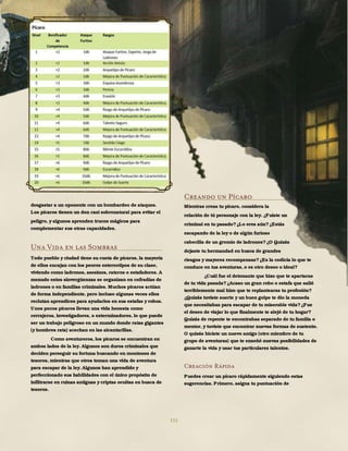 151
desgastar a un oponente con un bombardeo de ataques.
Los pícaros tienen un don casi sobrenatural para evitar el
peligro, y algunos aprenden trucos mágicos para
complementar sus otras capacidades.
Una Vida en las Sombras
Todo pueblo y ciudad tiene su cuota de pícaros, la mayoría
de ellos encajan con los peores estereotipos de su clase,
viviendo como ladrones, asesinos, rateros o estafadores. A
menudo estos sinvergüenzas se organizan en cofradías de
ladrones o en familias criminales. Muchos pícaros actúan
de forma independiente, pero incluso algunas veces ellos
reclutan aprendices para ayudarlos en sus estafas y robos.
Unos pocos pícaros llevan una vida honesta como
cerrajeros, investigadores, o exterminadores, lo que puede
ser un trabajo peligroso en un mundo donde ratas gigantes
(y hombres rata) acechan en las alcantarillas.
Como aventureros, los pícaros se encuentran en
ambos lados de la ley. Algunos son duros criminales que
deciden perseguir su fortuna buscando en montones de
tesoros, mientras que otros toman una vida de aventura
para escapar de la ley. Algunos han aprendido y
perfeccionado sus habilidades con el único propósito de
infiltrarse en ruinas antiguas y criptas ocultas en busca de
tesoros.
Creando un Pícaro
Mientras creas tu pícaro, considera la
relación de tú personaje con la ley. ¿Fuiste un
criminal en tu pasado?¿Lo eres aún?¿Estás
escapando de la ley o de algún furioso
cabecilla de un gremio de ladrones?¿O Quizás
dejaste tu hermandad en busca de grandes
riesgos y mayores recompensas?¿Es la codicia lo que te
conduce en tus aventuras, o es otro deseo o ideal?
¿Cuál fue el detonante que hizo que te apartaras
de tu vida pasada?¿Acaso un gran robo o estafa que salió
terriblemente mal hizo que te replantearas tu profesión?
¿Quizás tuviste suerte y un buen golpe te dio la moneda
que necesitabas para escapar de tu miserable vida?¿Fue
el deseo de viajar lo que finalmente te alejó de tu hogar?
Quizás de repente te encontrabas separado de tu familia o
mentor, y tuviste que encontrar nuevas formas de sustento.
O quizás hiciste un nuevo amigo (otro miembro de tu
grupo de aventuras) que te enseñó nuevas posibilidades de
ganarte la vida y usar tus particulares talentos.
Creación Rápida
Puedes crear un pícaro rápidamente siguiendo estas
sugerencias. Primero, asigna tu puntuación de
 