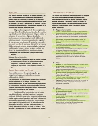 166
Acólito
Has pasado tu vida al servicio de un templo dedicado a un
dios o panteón específico. Actúas como intermediario
entre el reino de lo sagrado y el mundo de los mortales,
realizando ritos sagrados y ofreciendo sacrificios con el fin
de conducir a los fieles a la presencia de lo divino. Esto no
significa que seas un clérigo realizar ritos sagrados no es
lo mismo que canalizar la energía divina.
Elige un dios, un panteón de dioses o algún otro
ser cuasi divino de los listados en el Apéndice B o aquellos
especificados por tu DM y habla con tu DM para detallar la
naturaleza de tus servicios religiosos. ¿Realizabas
funciones menores en un templo, viviendo allí desde la
infancia ayudando a los sacerdotes en los ritos sagrados?
¿O eras un sumo sacerdote que de pronto fue convocado
para servir a su dios de una forma diferente?O tal vez eras
el líder de un culto pequeño fuera de cualquier estructura
establecida del templo, o incluso un grupo ocultista que
sirvió a un maestro diabólico del que ahora reniegas.
Competencia con Habilidades: Averiguar intenciones,
Religión.
Idiomas: dos de tu elección.
Equipo: un símbolo sagrado (un regalo de cuando entraste
en el sacerdocio), un libro de oraciones o rueda de
plegarias, 5 barritas de incienso, vestiduras, un
conjunto de ropa común y una bolsa que contiene 15
po.
Rasgo: Refugio de los Fieles
Como acólito, mereces el respeto de aquellos que
comparten tu fe y puedes realizar las ceremonias
religiosas de tu deidad.
Tus compañeros de aventuras y tú podéis recibir sanación
gratuita y atención en un templo, santuario, u otra
presencia establecida de tu fe, aunque debes proporcionar
los componentes materiales necesarios para los conjuros.
Aquellos que comparten tu religión te podrán proporcionar
(pero sólo a ti) un estilo de vida modesto.
También podrías tener vínculos con un templo
específico dedicado a tu deidad o panteón y tener una
residencia allí. Podría tratarse del templo que utilizas para
realizar los servicios, si mantienes una buena relación con
la comunidad, o un templo en el que has encontrado un
nuevo hogar. Mientras estés cerca de tu templo, puedes
llamar a los sacerdotes para que te asistan, siempre y
cuando la ayuda que solicitas no ponga en peligro a quien
la realiza y permanezcas en buena relación con tu templo.
Características Sugeridas
Los acólitos son moldeados por su experiencia en templos
o en otras comunidades religiosas. Su estudio de la
historia y los principios de su fe y sus relaciones con los
templos, santuarios o jerarquías afectan su manera de
comportarse e ideales. Sus defectos pueden ser alguna
hipocresía o idea herética oculta o un ideal o vínculo
llevado al extremo.
d8 Rasgo de Personalidad
1 Idolatro a un héroe en particular de mi fe, y hago referencia
constantemente a las vivencias y el ejemplo de esa persona.
2 Puedo encontrar un objetivo común hasta con los enemigos
más feroces, empatizar con ellos y trabajar siempre hacia la
paz.
3 Veo presagios en cualquier acontecimiento y acción. Los
dioses tratan de hablar con nosotros, sólo tenemos que
escuchar
4 Nada puede hacer tambalear mi actitud optimista.
5 Cito (o incorrectamente cito) los textos sagrados y proverbios
en casi cualquier situación.
6 Soy tolerante (o intolerante) hacia otras religiones y respeto
(o condeno) la adoración de otros dioses.
7 He disfrutado de la buena comida, bebida y la alta sociedad
entre la élite de mi templo. Me incomoda la vida ruda.
8 He pasado tanto tiempo en el templo que tengo poca
experiencia práctica en el trato con personas del mundo
exterior.
d6 Ideal
1 Tradición. Las antiguas tradiciones de culto y sacrificio deben
ser preservadas y defendidas. (Legal)
2 Caridad. Yo siempre trato de ayudar a los necesitados, sin
importar el coste personal. (Bueno)
3 Cambio. Debemos ayudar para que se logren los cambios que
los dioses maquilan constantemente para mundo. (Caótico)
4 Poder. Espero llegar algún día a la cima de la jerarquía
religiosa de mi fe. (Legal)
5 Fe. Confío en que mi deidad guiará mis acciones. Tengo fe en
que si trabajo duro, las cosas irán bien. (Legal)
6 Aspiración. Trato de probarme a mí mismo ser merecedor de
los favores de mi dios, comparando mis acciones con sus
enseñanzas. (Cualquiera)
d6 Vínculo
1 Daría mi vida para recuperar una antigua reliquia de mi fe que
se perdió hace mucho tiempo.
2 Algún día me vengaré de la corrupta jerarquía del templo que
me tachó de hereje.
3 Le debo mi vida al sacerdote que me acogió cuando mis
padres murieron.
4 Todo lo que hago es para la gente común.
5 Haré cualquier cosa para proteger el templo donde serví.
6 Busco preservar un texto sagrado que mis enemigos
consideran herético y tratan de destruir.
 
