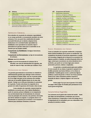 167
d6 Defecto
1 Juzgo a otros con dureza, y a mí mismo aún más
severamente.
2 Pongo demasiada confianza en quienes ejercen el poder
dentro de la jerarquía de mi templo.
3 Mi piedad a veces me lleva a confiar ciegamente en los que
profesan la fe en mi Dios.
4 Soy inflexible en mi pensamiento.
5 Soy desconfiado con los extraños y espero lo peor de ellos.
6 Una vez que tengo un objetivo, me obsesiono con él en
detrimento de todo lo demás en mi vida.
Artesano Gremial
Eres miembro de un gremio de artesanos, especializado
en un campo particular y cercanamente asociado con otros
artesanos. Eres una parte bien establecida del mundo
mercantil, liberado por tu talento y riqueza de las
limitaciones de la sociedad feudal. Aprendiste tus
habilidades como aprendiz de un maestro, bajo el
patrocinio de tu gremio, hasta que te convertiste en un
maestro por tus propios medios.
Competencia con Habilidades: Averiguar intenciones,
Persuasión.
Competencia con Herramientas: un tipo de herramientas
de artesano.
Idiomas: uno de tu elección.
Equipo: un set de herramientas de artesano (de tu
elección), una carta de introducción de tu gremio, una
muda de ropas de viaje, una bolsa que contiene 15 po.
Ocupaciones del Gremio
Los gremios generalmente se encuentran en ciudades lo
suficientemente grandes para albergar varios artesanos
que practiquen el mismo oficio. Aun así, tu gremio podría
ser en su lugar una gran red de artesanos que trabajan
cada uno en un pueblo distinto dentro de un reino más
grande. Trabaja con tu DM para determinar la naturaleza
de tu gremio. Puedes seleccionar la ocupación de tu
gremio de la tabla Ocupaciones del Gremio o tirar al azar.
Como miembro de tu gremio, conoces tanto las
habilidades necesarias para crear objetos finalizados a
partir de materias primas (reflejadas en tu competencia
con un determinado tipo de herramientas de artesano)
como los principios del comercio y las prácticas adecuadas
para llevar adelante un negocio. La pregunta ahora es si
abandonaste tu comercio por la aventura o si te tomaste el
esfuerzo para entrelazar aventuras y comercio.
d20 Ocupaciones del Gremio
1 Alquimistas y boticarios
2 Armeros, cerrajeros y orfebres
3 Cerveceros, destiladores y vinateros
4 Calígrafos, escribas y escribanos
5 Carpinteros, techadores y yeseros
6 Cartógrafos, topógrafo y delineantes
7 Zapateros y remendones
8 Cocineros y panaderos
9 Vidrieros y sopladores de vidrio
10 Joyeros y talladores de gemas
11 Desolladores, peleteros y curtidores
12 Albañiles y canteros
13 Pintores y retratistas
14 Alfareros y azulejeros
15 Carpinteros de barcos y fabricantes de velas
16 Herreros y forjadores
17 Reparadores, estañeros y vertedores
18 Fabricantes de ruedas y vagones
19 Tejedores y tintoreros
20 Talladores, toneleros y fabricantes de arcos
Rasgo: Membresía del Gremio
Como un miembro de un gremio establecido y respetado,
tienes ciertos beneficios que te provee tu membresía. Tus
compañeros de gremio te proveerán alojamiento y comida
si la necesitas y pagarán por tu funeral si es necesario. En
algunos pueblos y ciudades, un salón del gremio ofrece un
lugar central para encontrarse con otros miembros de tu
profesión, que puede ser un buen lugar para conocer
potenciales patrones, aliados o empleados.
Los gremios a menudo poseen gran peso político.
Si eres acusado de un crimen, tu gremio te apoyará si es
factible presentar una buena defensa o si tu crimen es
justificable. También ganas acceso a poderosas figuras
políticas a través del gremio, si tienes una buena posición
dentro de él. Tales conexiones podrían requerir la
donación de dinero u objetos mágicos a las arcas del
gremio.
Debes pagar 5 po por mes al gremio. Si te saltas
tus pagas, debes pagar tus deudas para permanecer en la
buena gracia del gremio.
Características Sugeridas
Los artesanos son la gente más común del mundo hasta
que dejan sus herramientas ycomienzan una carrera
como aventureros. Comprenden el valor del trabajo duro y
la importancia de la comunidad, pero son vulnerables a los
pecados de avaricia y codicia.
 