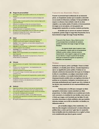 178
d8 Rasgo de personalidad
1 Mis amigos saben que pueden confiar en mí, sin importar la
ocasión.
2 Trabajo duro para poder divertirme cuando el trabajo esté
hecho.
3 Disfruto viajar a nuevos puertos y hacer nuevos amigos junto
a jarras de cerveza.
4 Deformo la verdad por el bien de una buena historia.
5 Para mí, una pelea de taberna es una buena manera de
conocer una nueva ciudad.
6 Nunca dejo pasar a un apostador amistoso.
7 Mi habla es tan desagradable como el cuello de un otyugh.
8 Me gusta el trabajo bien hecho. Sobre todo si puedo
convencer a otro de que lo haga.
d6 Ideal
1 Respeto. Lo que mantiene una nave funcionando es el
respeto mutuo entre capitán y tripulación. (Bueno)
2 Equidad. Todos trabajamos, así que todos compartimos la
recompensa. (Legal)
3 Libertad. El mar es libertad —la libertad de ir a cualquier lado
y hacer cualquier cosa. (Caótico)
4 Autoridad. Soy un predador, y los demás barcos en el mar, mi
presa. (Maligno)
5 Gente. Estoy comprometido con mi tripulación, no con un
ideal. (Neutral)
6 Aspiración. Algún día, tendré mi propio barco y forjaré mi
propio destino. (Cualquiera)
d6 Vínculo
1 Soy leal primero a mi capitán. Todo lo demás está en segundo
plano.
2 El barco es lo más importante —las tripulaciones y los
capitanes van y vienen.
3 Siempre recordaré mi primer barco.
4 En un puerto tengo un amante cuyos ojos casi le roban mi
corazón al mar.
5 Me estafaron mi justa parte de las ganancias, y quiero cobrar
mi deuda.
6 Despiadados piratas asesinaron a mi tripulación y mi capitán,
hundieron mi barco y me abandonaron a mi suerte. La
venganza será mía.
d6 Defecto
1 Seguiré las órdenes, incluso si creo que son equivocadas.
2 Diré cualquier cosa para evitar tener que trabajar de más.
3 Una vez que alguien cuestiona mi coraje, nunca me retracto,
sin importar lo peligrosa de la situación.
4 Una vez que comienzo a beber, es muy difícil que pare.
5 No puedo evitar guardarme monedas sueltas y otras baratijas
que encuentro.
6 Mi orgullo probablemente me llevará a la destrucción.
Variante del Marinero: Pirata
Pasaste tu juventud bajo la influencia de un temerario
pirata, un despiadado asesino que te enseñó a sobrevivir
en un mundo de tiburones y salvajes. Te has permitido el
saqueo en altamar y has enviado a más de un alma
culpable a una tumba salada. El miedo y el derramamiento
de sangre no te son ajenos, y te has ganado una
desagradable reputación en muchas ciudades portuarias.
Si decides que tu carrera de marinero involucró
la piratería, puedes elegir el rasgo Mala Reputación (ver la
barra lateral) en lugar del rasgo Pasaje Marítimo.
Noble
Entiendes de riqueza, poder y privilegio. Tienes un título
nobiliario, y tu familia posee tierras, recauda impuestos y
ejerce un significativo poder político. Podrías ser un
mimado aristócrata desconocedor de lo que es el trabajo o
la falta de comodidades, un antiguo comerciante recién
elevado a la nobleza, o un canalla desheredado con un
desproporcionado sentido sobre sus legítimos derechos. O
podrías ser un honesto y trabajador terrateniente que se
preocupa profundamente por la gente que vive y trabaja en
tus tierras, muy consciente de tus responsabilidades para
con ellos.
Trabaja junto a tu DM para conseguir un título
apropiado y determinar cuanta autoridad ese título
proporciona. Un título nobiliario no se sostiene por sí solo,
está conectado a la totalidad de una familia, y sea cual sea
el título que tengas, será heredado por tus hijos. No solo
necesitas determinar tu título nobiliario, sino que también
deberías trabajar con tu DM en describir a tu familia y su
influencia sobre ti.
¿Es tu familia antigua y bien establecida, o su
título ha sido otorgado recientemente?¿Cuánta influencia
política tiene, y sobre qué área?¿Qué tipo de reputación
tiene tu familia entre los aristócratas de su región?¿Cómo
es la consideración que tiene la gente común?
Variante Del Rasgo: Mala Reputación
Si tu personaje tiene un trasfondo de marinero,
puedes seleccionar este rasgo en lugar de Pasaje
Marítimo.
No importa donde vayas, la gente te teme
por tu reputación. Cuando estés en un asentamiento
civilizado, puedes realizar crímenes menores
impunemente, como negarte a pagar por la comida
en una taberna o romper la puerta de las tiendas,
dado que la mayoría de la gente no reportará tu
actividad a las autoridades.
 