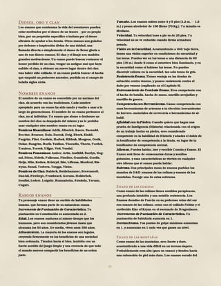 25
Dioses, oro y clan
Los enanos que comienzan la vida del aventurero pueden
estar motivados por el deseo de un tesoro por su propio
bien, por un propósito específico o incluso por el deseo
altruista de ayudar a los demás. Otros enanos son guiados
por órdenes o inspiración divina de una deidad, una
llamada directa o simplemente el deseo de llevar gloria a
uno de sus dioses enanos. El clan y el linaje son también
grandes motivaciones. Un enano puede buscar restaurar el
honor perdido de un clan, vengar un antiguo mal que haya
sufrido el clan, u obtener un nuevo lugar dentro del clan
tras haber sido exiliado. O un enano podría buscar el hacha
que empuñó un poderoso ancestro, perdida en el campo de
batalla siglos atrás.
Nombres enanos
El nombre de un enano es concedido por un anciano del
clan, de acuerdo con las tradiciones. Cada nombre
apropiado para un enano ha sido usado y vuelto a usar a lo
largo de generaciones. El nombre de un enano pertenece al
clan, no al individuo. Un enano que abuse o deshonre un
nombre del clan es despojado del mismo y se le prohíbe
usar cualquier otro nombre enano en su lugar.
Nombres Masculinos: Adrik, Alberich, Baern, Barendd,
Bro-ttor, Bruenor, Dain, Darrak, Delg, Eberk, Einkil,
Fargrim, Flint, Gardain, Harbek, Kildrak, Morgran, Orsik,
Oskar, Rangrim, Rurik, Taklinn, Thoradin, Thorin, Tordek,
Traubon, Travok, Ulfgar, Veit, Vondal.
Nombres Femeninos: Amber, Artin, Audhild, Bardyn, Dag-
nal, Diesa, Eldeth, Falkrunn, Finellen, Gunnloda, Gurdis,
Helja, Hlin, Kathra, Kristryd, Ilde, Liftrasa, Mardred, Ris-
wynn, Sannl, Torbera, Torgga, Vistra.
Nombres de Clan: Balderk, Battlehammer, Brawnanvil,
Dan-kil, Fireforge, Frostbeard, Gorunn, Holderhek,
Ironfist, Loderr, Lutgehr, Rumnaheim, Strakeln, Torunn,
Ungart.
Rasgos enanos
Tu personaje enano tiene un surtido de habilidades
innatas, que forman parte de su naturaleza enana.
Incremento de Puntuación de Característica. Tu
puntuación en Constitución es aumentada en 2.
Edad. Los enanos maduran al mismo tiempo que los
humanos, pero son considerados jóvenes hasta que
alcanzan los 50 años. De media, viven unos 350 años.
Alineamiento. La mayoría de los enanos son legales,
creyendo firmemente en los beneficios de una sociedad
bien ordenada. Tienden hacia el bien, también con un
fuerte sentido del juego limpio y una creencia de que todo
el mundo merece compartir los beneficios de un orden
justo.
Tamaño. Los enanos miden entre 4 y 5 pies (1,2 m. 1,5
m.) y pesan alrededor de 150 libras (70 Kg.). Tu tamaño es
Mediano.
Velocidad. Tu velocidad base a pie es de 25 pies. Tu
velocidad no se ve reducida cuando llevas armadura
pesada.
Visión en la Oscuridad. Acostumbrado a vivir bajo tierra,
tienes una visión superior en condiciones de oscuridad y
luz tenue. Puedes ver en luz tenue a una distancia de 60
pies (18 m.) desde ti como si estuviera bien iluminado, y en
la oscuridad como si hubiese luz tenue. No puedes
discernir colores en la oscuridad, tan solo tonos de gris.
Resistencia Enana. Tienes ventaja en las tiradas de
salvación contra veneno, y posees resistencia contra el
daño por veneno (explicado en el Capítulo 9).
Entrenamiento de Combate Enano. Eres competente con
el hacha de batalla, hacha de mano, martillo arrojadizo y
martillo de guerra.
Competencia con Herramientas. Ganas competencia con
unas herramientas de artesano a tu elección: herramientas
de herrero, materiales de cervecería o herramientas de al-
bañil.
Afinidad con la Piedra. Cuando quiera que hagas una
prueba de Inteligencia (Historia) relacionada con el origen
de un trabajo hecho en piedra, eres considerado
competente en la habilidad de Historia y añades el doble de
tu bonificador de competencia a la tirada, en lugar de tu
bonificador de competencia normal.
Idiomas. Puedes hablar, leer y escribir Común y Enano. El
Enano está lleno de consonantes duras y sonidos
guturales, y esas características se vierten en cualquier
otro idioma que el enano pueda hablar.
Subraza. Dos principales razas de enanos pueblan los
mundos de D&D: enanos de las colinas y enanos de las
montañas. Escoge una de estas subrazas.
Enano de las colinas
Como enano de las colinas tienes sentidos perspicaces,
una profunda intuición y una notable resistencia. Los
Enanos dorados de Faerûn en su poderoso reino del sur
son enanos de las colinas, como son el exiliado Neidar y el
envilecido Klar of Krynn en el escenario de Dragonlance.
Incremento de Puntuación de Característica. Tu
puntuación de Sabiduría aumenta en 1.
Dureza Enana. Tus puntos de golpe máximos aumentan
en 1, y aumentan en 1 cada vez que ganes un nivel.
Enano de las montañas
Como enano de las montañas, eres fuerte y duro,
acostumbrado a una vida difícil en un terreno áspero.
Probablemente eres alto (para un enano) y tiendes hacia
una coloración de piel más clara. Los enanos escudo del
 