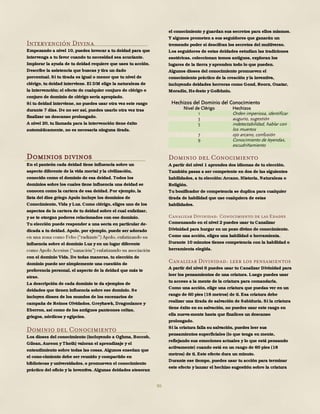 86
Intervención Divina
Empezando a nivel 10, puedes invocar a tu deidad para que
intervenga a tu favor cuando tu necesidad sea acuciante.
Implorar la ayuda de tu deidad requiere que uses tu acción.
Describe la asistencia que buscas y tira un dado
porcentual. Si tu tirada es igual o menor que tu nivel de
clérigo, tu deidad interviene. El DM elige la naturaleza de
la intervención; el efecto de cualquier conjuro de clérigo o
conjuro de dominio de clérigo sería apropiado.
Si tu deidad interviene, no puedes usar otra vez este rasgo
durante 7 días. De no ser así, puedes usarlo otra vez tras
finalizar un descanso prolongado.
A nivel 20, tu llamada para la intervención tiene éxito
automáticamente, no es necesaria ninguna tirada.
Dominios divinos
En el panteón cada deidad tiene influencia sobre un
aspecto diferente de la vida mortal y la civilización,
conocido como el dominio de esa deidad. Todos los
dominios sobre los cuales tiene influencia una deidad se
conocen como la cartera de esa deidad. Por ejemplo, la
lista del dios griego Apolo incluye los dominios de
Conocimiento, Vida y Luz. Como clérigo, eliges uno de los
aspectos de la cartera de tu deidad sobre el cual enfatizar,
y se te otorgan poderes relacionados con ese dominio.
Tu elección puede responder a una secta en particular de-
dicada a tu deidad. Apolo, por ejemplo, puede ser adorado
influencia sobre el dominio Luz y en un lugar diferente
con el dominio Vida. De todas maneras, tu elección de
dominio puede ser simplemente una cuestión de
preferencia personal, el aspecto de la deidad que más te
atrae.
La descripción de cada dominio te da ejemplos de
deidades que tienen influencia sobre ese dominio. Se
incluyen dioses de los mundos de los escenarios de
campaña de Reinos Olvidados, Greyhawk, Dragonlance y
Eberron, así como de los antiguos panteones celtas,
griegos, nórdicos y egipcios.
Dominio del Conocimiento
Los dioses del conocimiento (incluyendo a Oghma, Boccob,
Gilean, Aureon y Thoth) valoran el aprendizaje y el
entendimiento sobre todas las cosas. Algunos enseñan que
el cono-cimiento debe ser reunido y compartido en
bibliotecas y universidades, o promueven el conocimiento
práctico del oficio y la inventiva. Algunas deidades atesoran
el conocimiento y guardan sus secretos para ellos mismos.
Y algunos prometen a sus seguidores que ganarán un
tremendo poder si descifran los secretos del multiverso.
Los seguidores de estas deidades estudian las tradiciones
esotéricas, coleccionan tomos antiguos, exploran los
lugares de la tierra y aprenden todo lo que pueden.
Algunos dioses del conocimiento promueven el
conocimiento práctico de la creación y la inventiva,
incluyendo deidades herreras como Gond, Reorx, Onatar,
Moradin, He-festo y Goibhniu.
Hechizos del Dominio del Conocimiento
Nivel de Clérigo Hechizos
1 Orden imperiosa, identificar
3 augurio, sugestión
5 indetectabilidad, hablar con
los muertos
7 ojo arcano, confusión
9 Conocimiento de leyendas,
escudriñamiento
Dominio del Conocimiento
A partir del nivel 1 aprendes dos idiomas de tu elección.
También pasas a ser competente en dos de las siguientes
habilidades, a tu elección: Arcano, Historia, Naturaleza o
Religión.
Tu bonificador de competencia se duplica para cualquier
tirada de habilidad que use cualquiera de estas
habilidades.
Canalizar Divinidad: Conocimiento de las Edades
Comenzando en el nivel 2 puedes usar tu Canalizar
Divinidad para hurgar en un pozo divino de conocimiento.
Como una acción, eliges una habilidad o herramienta.
Durante 10 minutos tienes competencia con la habilidad o
herramienta elegida.
Canalizar Divinidad: leer los pensamientos
A partir del nivel 6 puedes usar tu Canalizar Divinidad para
leer los pensamientos de una criatura. Luego puedes usar
tu acceso a la mente de la criatura para comandarla.
Como una acción, elige una criatura que puedas ver en un
rango de 60 pies (18 metros) de ti. Esa criatura debe
realizar una tirada de salvación de Sabiduría. Si la criatura
tiene éxito en su salvación, no puedes usar este rasgo en
ella nueva-mente hasta que finalices un descanso
prolongado.
Si la criatura falla su salvación, puedes leer sus
pensamientos superficiales (lo que tenga en mente,
reflejando sus emociones actuales y lo que está pensando
activamente) cuando está en un rango de 60 pies (18
metros) de ti. Este efecto dura un minuto.
Durante ese tiempo, puedes usar tu acción para terminar
este efecto y lanzar el hechizo sugestión sobre la criatura
 