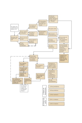 Se tiene por
                                                                                      contestada en
                                                                                      sentido afirmativo.
                                                                                      Se sigue el juicio
                                                            El demandado              en “rebeldía”
                                                            no contesta la
                                                            demanda, por
                                                            lo que:
                                      Se emplaza al
Se origina una                        demandado
controversia en
materia civil                                                                         Se opone a ella

                   El Juez admite                           El demandado
                   la demanda         Se aclara o           contesta la
                                      corrige la            demanda, y:               Reconviene o
                                      demanda                                         contrademanda
Demanda ante                                                                                                   Se da vista a la
                  El Juez previene
juzgado de lo                                                                                                  actora con
                  al actor
civil                                 No se aclara ni                                 Se allana                las excepciones
                                      corrige la                                      parcialmente             y defensas
                                      demanda
                   El Juez
                   desecha
                                                                                                               Se abre periodo
                   la demanda                                                         Se allana                de ofrecimiento,
                                                                                      totalmente               admisión,
                                                                                                               preparación y
                                                                                                               desahogo de
                                                                                                               pruebas



                                                                                                               Audiencia de
                                       El Juez dicta                                                           alegatos, el
                                       sentencia que:                                                          Juez cita a las
                                       a) condena                                                              partes para oír
                                       b) absuelve                                                             sentencia

                  Si se apela la                                                      Incidente de
                  sentencia                                                           liquidación de
                                                      No se apela la                  gastos y costas
                                                      sentencia                       (si se condenó)
                  Se turna a sala
                  o tribunal de
                  apelación                                                           Se ejecuta la
                                                                                      sentencia de
                  Sentencia de                                                        forma
                  segunda                                                             voluntaria, o
                                                        No se interpone
                  instancia                                                           forzosa por la
                                                        el juicio de
                                                        amparo                        vía de apremio

   No confirma la           Confirma la
   sentencia del Juez,      sentencia del                                             Fin del
   ordena revocarla o       Juez                                                      procedimiento
   modificarla

                    Se interpone
                    el juicio de                                                        a) Fase postulatoria
                    amparo ante
                                                                       Instrucción
                                                                       I. Etapa de




                    un Tribunal
                    Federal                                                             b) Fase probatoria



                                                                                        c) Fase conclusiva
                                                                       II. Etapa de




                                                                                       d) En 1a. instancia
                                                                           juicio




                                                                                        e) En 2a. instancia
 