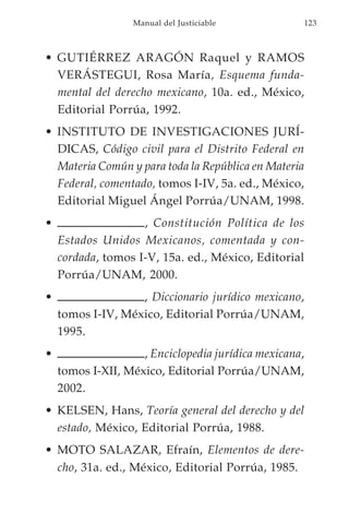 Manual del Justiciable             123



• GUTIÉRREZ ARAGÓN Raquel y RAMOS
  VERÁSTEGUI, Rosa María, Esquema funda-
  mental del derecho mexicano, 10a. ed., México,
  Editorial Porrúa, 1992.
• INSTITUTO DE INVESTIGACIONES JURÍ-
  DICAS, Código civil para el Distrito Federal en
  Materia Común y para toda la República en Materia
  Federal, comentado, tomos I-IV, 5a. ed., México,
  Editorial Miguel Ángel Porrúa/UNAM, 1998.
•                   , Constitución Política de los
    Estados Unidos Mexicanos, comentada y con-
    cordada, tomos I-V, 15a. ed., México, Editorial
    Porrúa/UNAM, 2000.
•                  , Diccionario jurídico mexicano,
    tomos I-IV, México, Editorial Porrúa/UNAM,
    1995.
•                   , Enciclopedia jurídica mexicana,
    tomos I-XII, México, Editorial Porrúa/UNAM,
    2002.
• KELSEN, Hans, Teoría general del derecho y del
  estado, México, Editorial Porrúa, 1988.
• MOTO SALAZAR, Efraín, Elementos de dere-
  cho, 31a. ed., México, Editorial Porrúa, 1985.
 