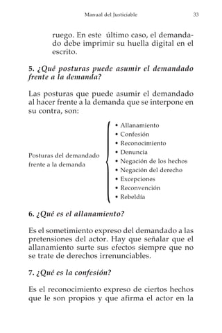 Manual del Justiciable                   33



       ruego. En este último caso, el demanda-
       do debe imprimir su huella digital en el
       escrito.

5. ¿Qué posturas puede asumir el demandado
frente a la demanda?

Las posturas que puede asumir el demandado
al hacer frente a la demanda que se interpone en
su contra, son:




                         {
                             •   Allanamiento
                             •   Confesión
                             •   Reconocimiento
                             •   Denuncia
Posturas del demandado
                             •   Negación de los hechos
frente a la demanda
                             •   Negación del derecho
                             •   Excepciones
                             •   Reconvención
                             •   Rebeldía

6. ¿Qué es el allanamiento?

Es el sometimiento expreso del demandado a las
pretensiones del actor. Hay que señalar que el
allanamiento surte sus efectos siempre que no
se trate de derechos irrenunciables.

7. ¿Qué es la confesión?

Es el reconocimiento expreso de ciertos hechos
que le son propios y que afirma el actor en la
 