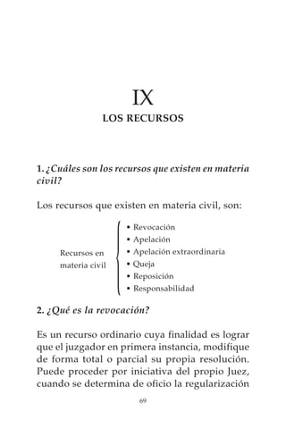IX
                LOS RECURSOS



1. ¿Cuáles son los recursos que existen en materia
civil?

Los recursos que existen en materia civil, son:




                     {
                         • Revocación
                         • Apelación
     Recursos en         • Apelación extraordinaria
     materia civil       • Queja
                         • Reposición
                         • Responsabilidad

2. ¿Qué es la revocación?

Es un recurso ordinario cuya finalidad es lograr
que el juzgador en primera instancia, modifique
de forma total o parcial su propia resolución.
Puede proceder por iniciativa del propio Juez,
cuando se determina de oficio la regularización
                            69
 