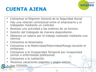 CUENTA AJENA

Cotizamos al Régimen General de la Seguridad Social

Hay una relación contractual entre el empresario y el
trabajador mediante un contrato

Realizas una actividad a las ordenes de un tercero.

Gestión del trabajado de manera dependiente.

Obtienes un salario por el trabajo realizado mediante una
nómina

Cotizamos al desempleo.

Cotizamos a la Maternidad/Paternidad/Riesgo durante el
embarazo.

Cotizamos a la Incapacidad Temporal por incapacidad
común o enfermedad profesional.

Cotizamos a la Jubilación.

Tenemos vacaciones pagadas y pagas extras.

Hay FOGASA.
 