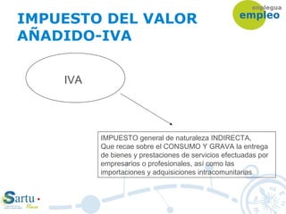 IMPUESTO DEL VALOR
AÑADIDO-IVA
IVA
IMPUESTO general de naturaleza INDIRECTA,
Que recae sobre el CONSUMO Y GRAVA la entrega
de bienes y prestaciones de servicios efectuadas por
empresarios o profesionales, así como las
importaciones y adquisiciones intracomunitarias
 