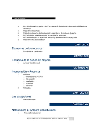 Tabla de contenido
Manual de Actuación del Fiscal del Ministerio Público en el Proceso Penal
3. Procedimiento en los juicios contra el Presidente del República y otros altos funcionarios
del Estado
4. Procedimiento de faltas
5. Procedimiento de los delitos de acción dependiente de instancia de parte
6. Procedimiento para la aplicación de medidas de seguridad
7. Procedimiento para la reparación del daño y la indemnización de perjuicios
8. Procedimientos de extradición
CAPÍTULO X
Esquemas de los recursos
1. Esquemas de los recursos
CAPÍTULO XI
Esquema de la acción de amparo
1. Amparo Constitucional
CAPÍTULO XII
Impugnación y Recursos
1. Recursos
o Efectos de los recursos
o Revocación
o Apelación
o Casación
o Revisión
2. Nulidades
CAPÍTULO XIII
Las excepciones
1. Las excepciones
CAPÍTULO XIV
Notas Sobre El Amparo Constitucional
1. Amparo Constitucional
 