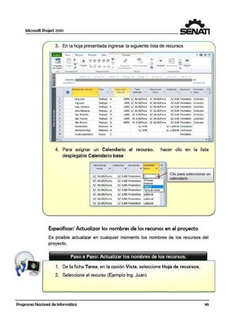 Microsoft Project 2010
1
;:;! .
,
...(
tlA
..-
3. En la hoja presentada ingresar la siguiente lista de recursos
Vu
1
2
•
4
5
•7
8
9
10
• @i]
.._. ~.-
P!gat 4f
Fort110-0pe1e~
f umlc
•
~~ef:I~: --
- - .,
.,. ..- ·:· .... '!? =
P100ffl:'l'tdei0n
Fo-rmalo
,,. - "!b ·
ProgAmar Auropr~mar 1!1m.:nualm@ntt d:'::t .-
Tatti~
•
rnst rt.t•
Em i1ruorrr.aoan l-=:
,¡¡
Proit>lcell.at'
fdi~ión
•
IJG jt.r 1_ 27 un '11 -BAJI 'LL es e~~ '11 29 e~ 11 15 s"p '-1 _o '1cl ·u ll .~ 1_
com1 eruo Flfl
1111~01/Q!iJil i ar15/1t¡:l1
o • •
f"lombre dt ! re-curso Tipo
ArqJose Trabajo A
lngJuan TrabajO 1
Sup . Luctana Trabajo s
AsiisMariana Trabajo A
op. Ricardo Tr~bajo o
Op. Franc-o Trabajo o
Op.Arturo Trabajo o
Materiales Mater'lal M
He.rramie·ntas Material H
Co·sto operativo Costo e
CapOlcid<ie!
rt-Ó(fmo -.
Ta~a
cstóndt3:t ...
100% S/. 40.00/hora
-
100% S/.50.00/hora
100% S/. 30.00/hora
100% S/. 20.00/hora
100% s/. 8.00/hora
100% sr.8.00/hora
4-00% S/. 8.00/hora
S/ . 0.00
S/.0.00
Tasa horas
extra
S/. 50.00/hora
s/.60.00/hora
S/. 40.00/hora
S/. 15.00/hora
S/. lliLOO/hora
S/.16.00/hora
S/.16.00/hora
~osto/Usc AcumuJar Calendar-! C......
• §]
S/. 0.00 Prorrateo E!itándar
5/. o.oo Prorrateo Estánáar
S/. 0.00 Prorrateo Estándar
S/. 0.00 Prorrateo Estándar
S/. o.oo Prorrateo Est~nda r
S/. 0.00 Prorrateo E:stánda r..
5/. 0.00 Prorrateo Estándar
s/. 3.,0CX>.00 comtenzo
'S/.1,,500.00 Comienzo
Prorrateo
~
•
4. Para asignar un Cal·endario al recurso,
desplegable Calendari·o base
hacer clic en la lista
Tasa horas
extra
S/. 50.00/hora
s/.60.00/ hora
S/. 40.90/ho ra..
S/. 15.00/hora
S/. 16.00/ho ra
S/. 16.QO/hora
S/.16.00/hora
-esto/ Use Acumular Cafendari ( ..._
y base .. 1-1
S/. 0.·00 Pro rrateo
Sf. 0.00 Pro rrate o
S/. 0.00 Prorrateo
-S/. 0.00 Prorrateo
S/. o.oo Prorrateo Laboral
S/. o.oo Prorrateo Laboral
S/. o.oo Prorrate o .Laboral
Clic para selec:cionar un
calendario
Especificar/ Actualizar los nombres de los recursos en el proyecto
Es posible actualizar en cualquier momento los nombres de los recursos del
proyecto.
Paso a Paso: Actualizar los nombres de los recursos.
1. De la ficha Tarea, en la opción Vista, seleccione Hoja de recursos.
2. Seleccione el recurso (Ejemplo lng. Juan)
Programa Nacional de Informática 95
 