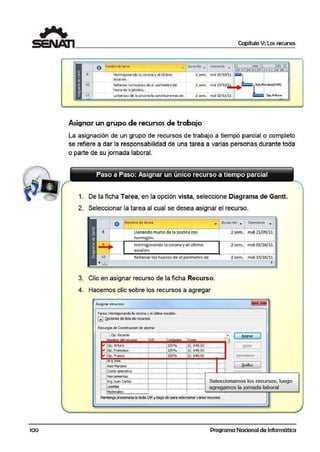 100
Capítulo V: Los recursos
o ~001br~ de rar~•
• our~Clón • comlel'20
•
nov'll die'11
10 17 24 31 07 14 21 28 05 L
9• Honnigonando la coronay el último 2.sem. mié 05/10/11
escalon.
-10 Relle nar loshueco,s de el perímetro de 2·sem. mié 19</10/11
fuera de la piscina.
- -
ll La terraza de fe piscina la construiremosde 2.sem. mié 02/11/11
~~.~--!j Asislª'"n•[S~j
. Op.Art-uro
Asignar un grupo de recursos de trabajo
La asignación de un grupo de recursos d·e trabajo a iiempo parcial o completo
se refiere a dar la responsabilidad de una tarea a varias personas durante toda
o parte de su jornada laboral.
1. De la ficha Tarea, en la opción vista, seleccione Diagrama de Gantt.
2. Seleccionar la tarea al cual se desea asignar el recurso.
o Nombre de ta rea
•
8 Llenando muros de la piscina con
hormigón.
9 Horm igonando Ja corona y e l último
escalón.
10 l
~ [!]
Relle nar los hue·cos de el pe rímetro de
3. Clic en asignar recurso de la ficha Recurs·o.
4. Hacemos clic sobre los recursos a agregar
Asig.nar recursos
Tarea: Hlornigonando lacorona yel último escalón.
GJQIX;i0!1C$ dei:itll lfefCQ.lf$0$
Reru'~S de Construc0on de Psdna
t'±~..r..q:t..- ..~....- .......- .......- .......- ........- .........- .........-l.......- .......- ......
Asis Mariana
: ' t
; : :
. ' '
Duración ,.. Comienzo
•
2sem. mié 21/09/ 11,
2sem. mié 05/ 10/ 11,
2sem. mié 19/ 10/ 11,
~
Á
[ Asignar 1
Q.Jltar J
Reemplazar...
········- ·······--·······- ·······--·······- ······- ·········- ·······-·•·······- ·-·······--·····- ...... 1
Costo operativo i i i - r--_Jl-...L--1.====i__l.L____,.......- ..,..,...--.....- .......----i······- "·····---.,"······- ···"··- 1···"··- ··"··
Herramientas i l l
··········- ··········- ·······-·········--i······-·······--*········- ········--.i·······- ·-······
~~~~ .~~··--·····-·!.....- ....-!.....- ......- l....- ..·- Seleccionamos los recursos, luego
Losetas _ ·······--········- L -- -1-·········-·L - . ··- :agregamos la jornada laboral
M1112ñal•s j J -
Mantengapre!:ionada la teda Ctrl y hagadiepara sele<:cionarv.arios reClJ'SOs
Programa Nacional de Informática
 