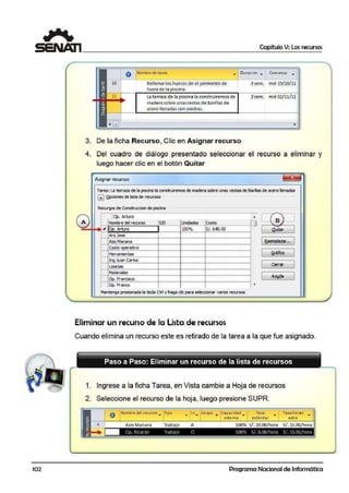 102
Capítulo V: Los recursos
*"e~
l'.)
1
"'1J
<::
"'~
"'"'i5
11111
O Nombre de tarea ... DuraciOn ,. Comienzo ..,.
Rellenar los hue·cosde el perímetro de
fuera de la piscina.
Laterra2ade lapiscina laconstruiremos de
madera sobre unas cestas de Barillas de
acero llenadascon piedras.
zsem. mié 19/ 10/ 11
zsem. mié 02/11/ 11
3. De la ficha Recurso, Clic en Asignar recurso
4. Del cuadro de diálogo presentado seleccionar el recurso a eliminar y
luego hacer clic en el botón Quitar
1 -
Tarea: La terraza de la ptsála Ja construiremos de madera sobre unas c;estas deBari as ~ ace'o lenack1~
(±) Qpclon!!S de lista de íe<:lnl0$ 1
¡0p.Arturo
Nombre del recurw S/D llkidades leostoo
~ Oc. Arturo i 100%. is/.G«J.00- .,.______¡ .....,..,,_,_,.................._ ...,_ ,_,_ ,_,__._ ,_,_ ,__.__,
- ~<L~-·-·--·--·-·-·-·-·-·-·L·--·-·..·--·-L·--·-·--...-1..-·--- ·----As1sMariana ; ! !- ·-·-·- ········-·-·····-··-·-·-·-·····-·····-··-1- ·-·-·- ·-··- ·-·····-·-·····-··-·-·¡ ·-·-·-·----·-·-·-·--·--
Costo operativo 1 i ;1-+-··- -·-·-·--·-·-·-·--·-·-·-·-·-·-·1-·-·----,~--·--·-·-·-·-1···-·---·--·-·--·---·---
~~.'!.~~--------·l--------L--·---·---l··---·--·--·-----·--·
- ~ ll.Mln ~~~·-·-----i---·--_j··------l...-·----·--·--·-·-·--·---
~F~~~les----·--·-----1-----·--·-t·-----·---I-·-·-·--·--·----·-----
.- -·--- - -:-_..___..___ .._.....-·-·r·-..-·--·T· --¡..-·-·-···..-·-..-·-·-·-·-·- ·-·-..
~~~:oo-------r--- r-------r·-·---·--·-·-·-·-·-·---- T
Mantenga¡presioriada la teda Ctrl y haga de para selccdonar varios recursos
[ 1&~2l!f.•. J
[ il:áfico 1
il
[ Cerrar 1
[ Ayyda J
I¡
Eliminar un recurso de la Lista de recursos
Cuando elimina un recurso este es retirado de la tarea a ia que fue asignado.
Paso a Paso: Eliminar un recurso de la lista de recursos
1. Ingrese a la ficha Tarea, en Vista cambie a Hoja de recursos
2. Seleccione el recurso de la hoja, luego presione SUPR.
4
O Nombre del recurso ... Tipo
Asis Mariana Trabajo
• In ... Grupo ..,. Capacidad •
máxima
Tasa Tas.a horas
• •estándar extra
A 100% S/. 20.00/ hora S/ . 15.00/ hora'
- Op. Ricardo Trabajo O 100ó S/ . 8.00/hora Si. U .00/hora
Programa Nacional de Informática
 