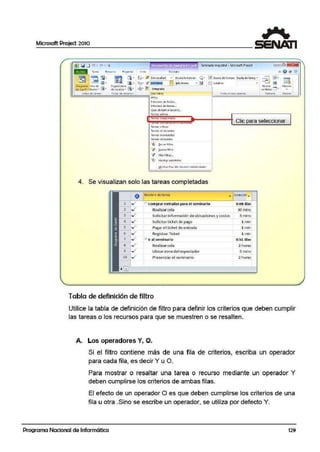 Microsoft Project 2010
fil1lliil D '" • <' • • Semini1!1io magistral - Microsaft Project
Fotrn~lo
.
";;:J¡ ~ :il· l!'t¡"'JI la · 1J• r6 ¡sin renil>~
--• - ª'1 • ~~ ~ • !Jl:J· 'V' IS1nrin1oí
Oioo1orno U3o de JCI 0 1goniuidot
¡~o.ni;l.:).. t;::irc<ls-~ ' de equipo• m" e!!• gJ~ ' tntegrad~
¡,¡..__;V.;;;.1st;;;.;";..;;º.;.;"""' ";;.;;ª;...'--"';.;;".;;;'";;..;" •;.;.<;.;,'"o,;;"".,';.;.'~-...,¡ ~ nltroJ_
Hito~
Escara tempo1al: Q."
!l48)Horas • ~
lnlC'ITt11o de íc<.ho".. ,
lnt:cl''a!o de t.lrcas...
QU~ Ubll:?~n el reCUJ'O...
Tareas activas
~ E:sca!a dee t!empo Esoloi detiEm¡: ...
C1 Detall.e>
vista en C O$ oanelE!
~=i ¡;:¡
"' @ él ¡¡¡
¿g:: · ~
l'W.ie-to ""'"'!.., h1cc101
lt nU.n.:i ...M: ...
ventana t-1ac1os
~ rti'I S co mp Cul -.»
---i----+ Clic para seleccionar
Tareas ct!tlt-as
Tc1·cc~ de resumen
TarcJs !ntomplet;,s
Tareas rci:rasad~s
~ .§011111' fiU 10
... N1Jtvo filtro
V' i..1as ñ-ltrgs..,
'Y t..lostr!fautoflltro
4. Se visualizan solo las tareas completadas
O Nombre de tarea • )uracior-.
1 .,,.
2 ..¡
3 .,,.
4 ..;·
s .,,.
6 ..,,,.
B comprar entradas ¡:iara1elseminario
Realizarcola
s.ollcitarInformación de ubicaClones_y costos
s.ol1c1tart1cket de pa~o
Pagar e1ticke t de entrada
RegistrarTicket
7 ../. 13 Ir al seminario
8 ..¿· Realizarcola
9 ..,,.,. Ubicarzona del especiado<
10 ..,,.,. Presenciar el seminario ·
Tabla de definición de fiiltro
o.os días
30 m1ns
5 m1ns1
1 m1n
1 m ir¡
1 min
O.Sl día>
2 h oras
5 mins1
2 h oras
Utilice la tabla de definición de filtro para definir los criterios que deben cumplir
las tareas o los recursos para que se !muestren o se resalten.
A. Los operadore,s Y, O.
Si el filtro contiene más de una fila de criterios, escriba un operador
para cada fila, es decir Y u O.
Para mostrar o resaltar una tarea o recurso mediante un operador Y
deben cumplirse los criterios de ambas filas.
El efecto de un operador O es que deben cumplirse los criterios de una
fila u otra .Sino se escribe un operador, se utiliza por defecto Y.
Programa Nacional de Informática 129
 