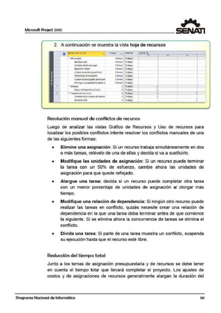 Microsoft Project 2010
2. A continuación se muestra la vista hoja de recursos
Nombre del recurso
• TrabiJjo ~
!Xmlk z lOcnc'll
o 10 12
'-'Sin as.ignar ohota.s Trabajo
l----'"-~+----'~-~-1--~'=' ~-+-~l1
Reahzotc.olo ohoros Trabajo
Sofic!!.'?t:!kk_!tde- fª9º Df>oro.s Trabajo.
~~gi!tmrTit.k~t Dhom.s
- Trabajo
uh.rea~10~0dele~pectador Dhora.s
- Trabajo
l'f'esr.nciarelseminario Ohoras. Trabajo
Ub1Caro encargado$parason Dhora.s Tr.abato
Entregarc.omprobaoteparo e1 Dhota.s TrabaJo
1
R Entr~da -1 Trabajo l
Pagare.Iticketde entrada j Trabajo l
·- -·- -,B Carpeta de informe-!.. 1 Trabajo l
So!ic.dorinf'!._rmoción de ubicac j Trabajo 1
ReoNzorcola 1 Trabajo
Resolución manual d e conflictos de recursos
Luego de analizar las vistas Gráfico de Recursos y Uso de recursos para
localizar los posibles conflictos intente resolver los conflictos manuales de una
de las siguientes formas:
• Elimine una asignación: Si un recurso trabaja simultáneamente en dos
o más tareas, relévelo de una de ellas y decida si va ai sustituirlo.
• Modifique las unidades de asignación: Si un recurso puede terminar
la tarea con un 50°/o de esfuerzo, cambie ahora las unidades de
asignación para que quede reflejado.
• Alargue una tarea: decida si un recurso puede completar otra tarea
con un menor porcentaje de unidades de asignación al otorgar más
tiempo.
• Modifique una relación de dependencia: Si ningún otro recurso puede
realizar las tareas en conflicto, quizás necesite crear una relación de
dependencia en la que una tar,ea deba terminar antes de que comience
la siguiente. Si se elimina ahora la, concurrencia de tareas se elimina el
conflicto.
• Divida una tarea: Si parte de una tarea muestra un conflicto, suspenda
su ejecución hasta que el recurso esté libre.
Reducción dei tiempo total
Junto a los temas de asignación presupuestaria y de recursos se debe tener
en cuenta el tiempo total que llevará completar el proyecto. Los ajustes de
costos y de asignaciones de recursos generalmente alargan la duración del
Programa Nacional de Informática 141
 