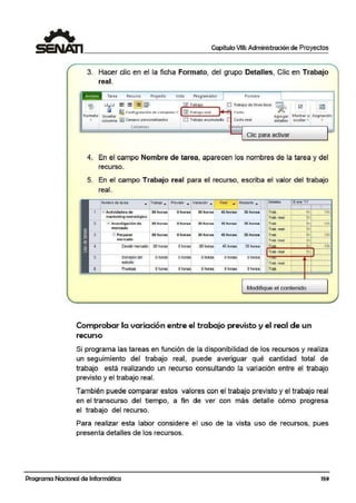 Capítulo VIII: Administración de Proyectos
3. Hacer clic en el la ficha Formato, del grupo Detalles, Clic en Trabajo
real.
Archivo
Formato
•
Tarea Recu.rso Proyecto Vista1 Program.ador íformato
U U - - 1'31=--
+ =- = ~ E!J'
CJ llnnfi !Jt11?1rió n rlP rnlumn~" •
Insertar .
columna EIJ Can1pos personalizados
Columnas
f;/i Traba·o [) Trabajo de lín.ea base
~R ln<;.tn
Agregar Mostrar u Asig·nacióni
detalles o cultar... "'ID T·abajo acwmula<lo !!'.' Costo real
etalle ~------~--~-~
Clic para.activar
4. En el campo Nombre de tarea, apare·cen los nombres de la tarea y del
recurso.
5. En el campo Trabajo real paira el recurso, escriba el valor del trabajo
CJ ene •11
e :
....................~:~.~··· .......................
. '
.............. . ....¡..........................
i
................ ...···J···························
................·······•··························
Modifique el contenido
Comprobar la variación entre el trabajo previsto y el real de un
recurso
Si programa las tareas en función de la disponibilidad de los recursos y realiza
un seguim:iento del trabajo real, puede averiguar qué cantidad total de
trabajo está realizando un recurso consultando la variación entre el trabajo
previsto y el trabajo real.
También puede comparar estos valores con el trabajo previsto y el trabajo real
en el transcurso del tiempo, a fin de ver con más detalle cómo progresa
el trabajo del recurso.
Para realizar esta labor considere el uso de la vista uso de recursos, pues
presenta d·etalles de los recursos.
Programa Nacional de Informática 159
 