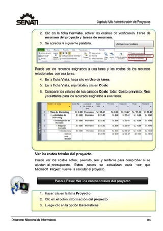 .
Capítulo VIII: Administración de Proyectos
2. Clic en la ficha Fo1rmato, activar las casillas de verEficación Tarea de
resumen del proyecto y tareas de resumen.
3. Se aprecia la siguiente pantalla. Active las casillas
. Torco Rccut'lC! ~c<to Vi~l~ Progrom..,dor fo 11n1:ito-
~ E5tilo~ de texto U,.!.J ~ - - ~
'"" "" ""' ~
[}! Tareas a itic;is ~
-· -;, ff] rlUmero de i!S.quem
!mC"odrÍ<vlo•
;¡¡
~ <onfiguro<ión de;(O!umn.:i:; ...
._
--Lil Ocmor~ - ~ Tl!rco d<rc:;umcn dd proy<do
f o 1rn1'to Un.:.:: At1o¡ o 1E>tilo de diii:;ramaln'lcrlor
~ Diseño columna lH <~mpos pc1son.:il ii:i:dtis ... ID1 T;:irc~s fttr11s<ldos bitíi! .. • de G"ntt .. Li.tl l Drc;:.s de resumen
1Fonn;;to Colul'.Jl(las 'Esttlos dt b;arra OSiléiíU OCJ.<
Puede ver los recursos asignados a una tarea y los costos de los recursos
relacionados con esa tarea.
4. En la ficha Vista, haga clic en Uso·de tarea.
5. En la ficha Vista, elija tabla y clic en Costo
6. Compare los valores de los campos Costo total, Costo previsto, Real
y Restante para los recursos asignados a esa tarea.
Nombre de tarea Costo fijo .cumulaaO cesto Previsto Variaaón Real
• • de costM ... total • • • •
fijos
o P Plan de Mar1'eting SI. 0.00 Prorrateo SI. 33.42 SI. 0.00 SI. 33.42 SI. 15.00
1 - Actívidades de SI. 0.00 Prorrateo SI. 33.42 SI. 0.00 SI. 33.42 SI. 15.00
marketing
2 - Investigación de SI. 0.00 Prorrateo SI. 33.42 SI. 0.00 SI. ".42 Sl.15.00
mercado
-
3 - Preparar SI. 0.00 Prorrateo S/, 33.42 SI. 0.00 SI. 33.42 Sl.15.00
mercado
'=:J Decidir merce SI. 0.00 Pronrateo
Sl.~t
SI. 0.00 Sl. 33.42 SI. 15.0G
Msrerlal SI. 33.42 SI. 0.00 SI. 33.42 SI. 0.00
pare
revfsión
Ver los costos totales del proyecto
Puede ver los costos actual, previsto, real y restante para comprobar
ajustan al presupuesto. Estos costos se actualizan cada vez
Microsoft Project vuelve a calcular el proyecto.
Paso a Paso: Ver los costos totales del proyecto
1. Hacer clic en la ficha Proyecto
2. Clic en el botón información del proyecto
3. Luego clic en la opción Estadísticas
Programa Nacional de Informática
Restante
•
SI. 18.4Z
Sl. 18.42
SI. 18.42
SI. 18.42
SI 18.42
SI. 18.42
.
s1 se
que
165
 