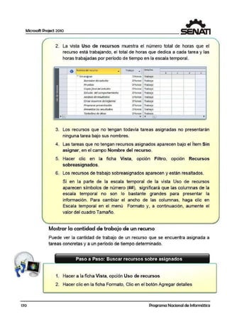 Microsoft Project 2010
170
2. La vista Uso de recursos muestra el número total de horas que el
recurso está trabajando, el total de horas que dedlica a cada 1area y las
horas trabaj adas por período de tiempo en la escala temporal.
o N-0mbrefiel recurso. Trabajo Detalles
• X J V 5
=Sin as:ignar Ohoras Traba¡o
Borradordel estudio Ohoras Trabajo
Pruebas OhOIOS TrabaJo
Cop;a final deI e studio O horas Trab ajo
-
Estudio del comportamiento Ohoras. Trabajo
Atlóllsisde resuttaáos Ohoras naba¡o. .. .
Crearresumen del informe ohoras' Trabajo
Preprararpresentac;ón Ohoras Trabajo
Pn!S~ntar los r~sultados Ohoras Trabajo
Torbellino de ideas Oh-oras Trabajo
• EiD • 4 l!!D
3. Los recursos que no tengan todavía tareas asignadas no presentarán
ninguna tarea bajo sus nombres.
4. Las tareas que no tengan recursos asignados aparecen bajo el Ítem Sin
asignar, en el campo Nombre del recurso.
5. Hacer clic en la ficha Vista, opción Filtro, opción Recursos
sobreasignados.
6. Los recursos de trabajo sobreasignados aparecen y están resaltados..
Si en la parte de la escala temporal de la vista Uso de recursos
aparecen sámbolos de número(##}, significará que las columnas de la
escala temporal no son lo bastante grandes para presentar la
información. Para cambiar el ancho de las col:umnas, haga clic en
Escala temporal en el menú Formato y, a continuación, aumente el
valor del cuadro Tamaño.
Mostrar la cantidad de trabajo de un recurso
Puede ver la cantidad de trabajo de un recurso que se encuentra asignada a
tareas concretas y a u1n período de tiempo determinado.
Paso a Paso: Buscar recursos sobre asignados
- - - - - - - - - - - - - - - - - - - - - -
1. Hacer a la ficha Vista, opción Uso de recursos
2. Hacer clic en la.ficha Formato, Clic en el botón Agregar detalles
Programa Nacional de Informática
 