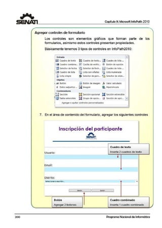 200
Capítulo X: Microsoft lnfoPath 201 O
Agregar controles de formulario
Los controles son elementos gráficos que forman parte de los
formularios, asimismo estos controles presentan propiredades.
Básicamente tenemos 3 tipos de controles en lnfoPath2010:
Entrada '...,]
~ Cuadro de texto ~ Cuadro detoexto... ~ Cuadro de ltrta...
[11 Cuadro· combina... P.l Casilla de veriflc...
'ii!I Selector de fecha ~ Selector defeeh...
·-l; fil Cuadro·de lista :a Lista con viñetas
a Lista simple
Objetos
Ea Selector de pers...
0 Botón de 01pción
IS:I Cuadro de lista ...
·-¡a Lista 11umerada
'13) Selector de elem...
...:1 Botón ~ Botón de imagen fx Valor calculado
® Datos adjuntos ... J;i Imagen
Contenedores
@i Hípervíncutio
!QI Sección
¡gl Tabla extensible
I§ Sección opcional lQ Sección extensibUe
ti Grupo de opcio... 11:1 Sección de opcl... ...¡
Agregar o q uitar controles p ersonalizados
•
·-
7. En el área de contenido del formulario, agregar los siguientes controles
Inscripción del participante
~
seNAT1
-·-1-r--
-------------------------------- Cuadro de texto
Usuario: Inserta 2 cuadros de texto
!Emaill:
!Distrito:
Seleccionaro escribir...
~( ~~---º-n~~~J ~[ ~~-~-•O_n~~~J
Botón Cuadro combinado
Agregar 2 botones Inserta 1 cuadro combinado }
~'--__;;;====~--------------;;;L;;;;==========-...:.------------------;;;;;;;¡¡jV'
Programa Nacional de Informática
 