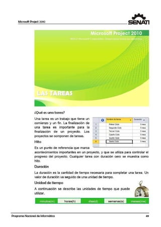 Microsoft Project 2010
lQ1ué es una tarea?
Una tarea es un trabajo que tiene un
comiernzo y un fin. La finalización de
una tarea es importanlte para la
finalización de un proyecto. Los
proyectos se componen de tareas.
Hito
Es un punto de referencia que marca
1
'
o
1
2
3
4
-
5
6
1
Nombre de tarea
• Duració.n ....
Primer Ciclo smssf
Segund0t Ciclo Sms.s
Tercer Ciclo 5 ms.s
- 1~
-Cuarto Ciclo Smss
--Quinto Ciclo Smss
Sexto Ciclo 5ms.s
-
_j -
acontecimientos importantes en un proyecto, y que se utiliza para controlar el
progreso del proyecto. Cualquier tarea con duración cero se muestra como
hito.
Duración
La duración es la cantidad de tiempo necesaria ¡para completar una tarea. Un
valor de duración va segui:do de una unidad de tiempo.
Unidad de tiempo
A continuación se describe las unidades de tiempo que puede
utilizar.
minutos(m) horas(h) días(d) semanas(s)
Programa Nacional de Informática
meses(me)
49
 