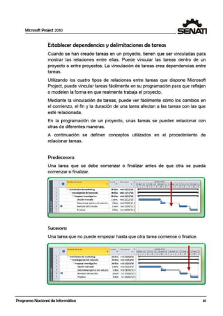 Microsoft Project 2010
Establecer dependencias y delimitaciones de tareas
Cuando se han creado tareas en un proyecto, tienen que ser vinculadas para
mostrar las relaciones entre ellas. Puede vincular las tareas dentro de un
proyecto o entre proyectos. La vinculación de tareas crea dependencias entre
tareas.
Utilizando los cuatro tipos de relaciones entre tareas que dispone Microsoft
Project, puede vincular tareas fácilmente en su programación para que reflejen
o modelen la forma en que realmente trabaja el proyecto.
Mediante la vinculación de tareas, puede ver fácilmente cómo los cambios en
el comienzo, el fin y la duración de una tarea afectan a las tareas con las que
esté relacionada.
En la programación de un proyecto, unas tareas se puedlen relacionar con
otras de diferentes maneras.
A continuación se definen conceptos utilizados en el procedimiento de
relacionarJtareas.
Predecesora
Una tarea que se debe comenzar o finalizar ante,s de que otra se pueda
comenzar o finalizar.
1
l
3
•
• Gil
7
Sucesora
"titació Cornlenm Fj L tnero 2011
• • • 20 dlc 'l0 U lC'!lD 03ene'll l ne'lD. 17el)<e'll Z4e'nc'll
Nombre- de tare.e
L J O X S M Y J D X S M V
- Acti"idades de markeli ng 28dí as mié'l2J12/10
• lnvesligacló~ del mermdo 28días mié 21112/'10
.::. Preparar imestigacion 28di as 1nié 22/12/'10
oeoid!r mer"1do 2sem. m1eZZ/U/IO
Determinar ojetivo del estudio 3días mié OS}Ol/11
Borradordel emd10 Jsem hm17/0J/U j t
tPrueb.as 5díal lun14/01/11 ~
o
Una tarea que no puede empezar hasta q¡ue otra tarea comience o finalice.
!ureciO Comiento F ~ entto 2:0Il
• .. • 20d1c'l0 27dtc•10 03en~·1--1~1~0--.,,.~.Ll~l~7•-n•~'l..~12'f-..,-,~·i1~' 1
LIDX$MV L Jl);ll; Mtf
=A<lillid.ldes de 0·1atketiog 28dfas illlé 2211.2'10
- lnv'-stig~ciOO del mercado 2:8diil5 m; o22/12/tO
- Prepara; lnvestiga(ion 28días rnt~ 22112110 •Oet;idlr mtrcado 2...,,. mle 21./12}10
Oetel'n'linarOjl!>!lvodel e!ludl" 3día! ml ~05/0l/ll 4
Gil 8o«idor del estudio 1s4m lun 17/0tfu S ,,
l
Pruebas 5dias lu n24/0l/ll e
Programa Nacional de Informática 61
 