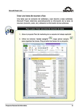 Microsoft Project 2010
1
Crear una tarea de resumen o fase
Una tarea que se compone de subtareas y que resunne a esas subtareas.
Microsoft Project determina automáticamente la información de la tarea de
resumen (duración, costo, etc.) utilizando la información de las subtareas.
1. .Abra el proyecto Plan de marketing de su carpeta de trabajo capitulo4
2. Utilice l,os botones "anula1r sangría" J(! 1, luego aplicar sangría
para organizar las tareas. Esquematice las tareas de su proyecto:
~ [ Q "'J • t"' • ¡,.. Plan d e Market;ng - Mkro s... 1
Tarea Recurst1 Proyecto Vista Formato
' - - - - -
íl-am iO ~_ .a 1 es!' ~ ~ ~ ~ ! · '!I' '!> ~·
Oiaoran1a Pe~ar /JI fuEnte - . 6)- ~ ai ~~ .::.. Prnorarn~r A.11toproor11m:ir ~ ...
de Gontt • - v- .... ruonuolmcnle IL"!"
ver
1
2
3
6
7
5
9
10
11
12
13
14
15
16
17
18
19
7 0
21
22
23
24
25
~ ~
Portapapeler Progr01:nac1ón
l ·!l en! '1.1 21 feb ·~1 21 mar '11.
Comiei1.0
lun 0'1./ 0!/11
O Nombre de torco
B Actividades de marrketing
El lnvE.l!stigación de mercado
B Preparar meneado
Decidir mer,cado
• )urott6- ..,.
Oeterminar obj etivo del estud io
87 d'.ías
63 días
40 d'las
2 sem.
3 sem.
lsem
5 días
5 clias
23 dlías
-·•- -.
Borrador del estudio
Pruebas
copta ftnal del estudio.
B Estudio
Estudio del comportamiento
Análisisde resultados
Cn;!arnisumen del informe
Preprarar presentación
Presentar los resultados
El Plan de M.arketing
B conceptuallzar.
Torbellino de idea!i
Crearr estrategia
-
Previsión de ventas
Oeterminar Pres. de publicid;id
El Escribir el plan
'3 Borrador del plan.
Re visar e l plan
Preprar el plarl final. -
Pres. Plan de Marketing
1 sem.
2 días
4 días
7 clfas
Oclías
24 d'ías
19 d'las.
4 días
11 dias
2 días
2 días
s ellas
S días
2 días
2 dlas
1 día
lisfO 1 ~ N'ue·ta>t;areas :Programada manualmente 1
Fin
m::.r 0'3/0t,/1~
Comi enzo
lun 03/01/11..
lun 03/01/11
lull03/0lfll
lun 03/0ljll
lun 17/01/11
lun 07/02/11
lun 14/02/11
lun Zl/Olfll
-lun 28/02/11
lun 28/02/11
lun 14/03/11
mié 16/0l}ll
mar22/03/11
mié 30/03/11
jue 31/0l/11
Jue31/03/11
jue 31/03/11
mié 06/04/11
j ue 21/04/ 11..
lun 25/0-1/11
mié 27/04/ll
mié 27/04/11
mié 27/04/11
vte 29/04/11
mar03/ 0S/ 11
+
....
Programa Nacional de Informática 73
 
