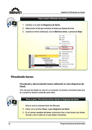 76
Capítulo IV:Estructurar las tareas
1. Cambiar a la vista de Diagrama de Gantt.
2. Seleccionar la fila que contiene la tarea qu:e desea eliminar
3. Usando el menú contextual, clic en Eliminar tarea, o presionar Supr.
21
22
23
Vinculando tareas
~ Cor!'r
~ fopiar
~ f<g~r
Peg,aQo especial...
Insertartarea
'-=C=h='c========~l .•...E~!im~in~ar~tª~"'~ª!IJ!llllm....I.._ Óes.aá 1yar Crea
O Nombt'e de tarea
El Escribir el plan
e'Borradardel plan
Revisar elplan
Preprar elplan final
5fto Programar.manualmente
~ Autgprogramar
sB Asionarrecursos...
EStllOS ele tE~O,,,
~ ln!o1mación...
El
¡;g
~
ttot.as de tareasc...
Agr egar a e;cala d.e tiem2.0
!:!ipErvínculo...
~-...= T
Vinculando y desvinculando tareas utilizando la vista diagrama de
Cantt.
Una vez que las tareas se crea en un proyecto, e·s preciso vincularlas para que
se muestre la relación existente entre ellas.
Paso a paso: Vinculando tareas desde el diagrama de Gantt
- - - - - - - - - - - - - - - - - - - - - - - - - - - - - - - - - - -
.Abra el archivo planeamiento de Mercado
1. Hacer clic a la ficha Tarea, luego diagrama de Gantt
2. En el campo nombre de tarea, seleccione dos o más tareas que desee
vincular y en el orden en el que desee vincularlas.
Programa Nacional de Informática
 