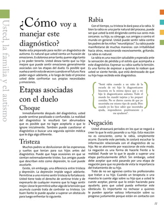 ¿Cómo voy a
manejar este
diagnóstico?
Nadie esta preparado para recibir un diagnóstico de
autismo. Es natural que usted sienta un huracán de
emociones.Esdolorosoamartanto,quereralgotanto
y no poder tenerlo. Usted desea tanto que su hijo
mejore que puede sentir emociones generalmente
asociadas con las etapas del duelo. Es posible que
vuelvaasentirestodevezencuandoenelfuturo.Para
poder seguir adelante, a lo largo de todo el proceso
usted debe confrontar sus propias necesidades
y emociones.
Etapas asociadas
con el duelo
Choque
Inmediatamente después del diagnóstico, usted
puede sentirse paralizado o confundido. La realidad
del diagnóstico le resultará tan abrumadora
que es posible que no logre aceptarlo o que lo
ignore inicialmente. También puede cuestionar el
diagnóstico o buscar una segunda opinión médica
que le diga algo diferente.
Tristeza
Muchos padres se desilusionan de las esperanzas
y sueños que tenían para sus hijos antes del
diagnóstico. Puede que haya ocasiones en que se
sientan extremadamente tristes. Sus amigos puede
que describan esto como depresión, lo cual puede
asustarle.
Existe, sin embargo, una diferencia entre tristeza
y depresión. La depresión impide seguir adelante.
Permitirse a uno mismo sentir tristeza lo fortalecerá.
Usted tiene todo el derecho de sentirse triste y de
expresarlo de cualquier manera que lo haga sentir
mejor.Llorarlepermitirásoltaralgodelatensiónque
acumula cuando trata de controlar su tristeza. Un
buen llanto lo puede ayudar a superar un obstáculo
para luego enfrentar lo siguiente.
Rabia
Con el tiempo, su tristeza le dará paso a la rabia. Si
bien la rabia es una parte natural del proceso, puede
ser que usted la esté dirigiendo contra sus seres más
cercanos: su hijo, su cónyuge, sus amigos o contra el
mundo en general. Usted puede sentir rabia contra
los padres de los niños “neurotípicos”. Su rabia puede
manifestarse de muchas maneras: con irritabilidad
hacia otros, reaccionando excesivamente, gritando.
La rabia es natural.
La rabia es una reacción saludable y esperada ante
la sensación de pérdida y el estrés que acompaña a
este diagnóstico. Expresar su rabia suelta la tensión.
Es una forma de expresar a quienes lo rodean que
usted se siente herido, que está destrozado de que
su hijo haya recibido este diagnóstico.
Negación
Usted atravesará periodos en los que se negará a
creer lo que le está pasando a su hijo. Esta reacción
no es consciente; como la rabia, simplemente
ocurre. Durante este período, le costará escuchar la
información relacionada con el diagnóstico de su
hijo. No se atormente por reaccionar de este modo.
La negación es una forma de hacerle frente a la
realidad. Puede ser lo que le ayude a superar una
etapa particularmente difícil. Sin embargo, usted
debe aceptar que está pasando por una etapa de
negación para que no pierda de vista la importancia
del tratamiento de su hijo.
Trate de no ser agresivo contra los profesionales
que tratan a su hijo. Cuando un terapeuta o una
maestra le cuente algo sobre su hijo que a usted le
cueste aceptar, piense que lo están haciendo para
ayudarlo, para que usted pueda enfrentar este
obstáculo. Es importante no rechazar a quienes
le pueden aportar valiosa información sobre su
progreso justamente porque están en contacto con
{
“Sentí rabia cuando a un niño de la
escuela de mi hijo le diagnosticaron
leucemia en la misma época que a mi
hijo le diagnosticaron autismo. Todo el
mundo les mandó tarjetas y les preparó
comidas. No se dieron cuenta de que yo
necesitaba ese mismo tipo de ayuda. Pero
cuando yo les hice saber que necesitaba
ayuda, respondieron positivamente y
me ayudaron”.
}
Usted,lafamiliayelautismo
11
 