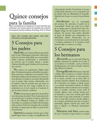 Quince consejos
cada pequeño triunfo. Concéntrese en lo que
su hijo puede alcanzar y no en compararlo con
los demás niños sin dificultades de desarrollo.
Quiéralo por lo que es y no por lo que debería
ser.
Involúcrese con la comunidad
del autismo. No subestime el poder de la
“comunidad”. Puede que usted sea el líder
de su equipo, pero no puede hacer todo solo.
Hágase amigo de otros padres de niños con
autismo. Al conocer otros padres obtendrá
el apoyo de familias que comprenden sus
dificultades diarias. Involucrarse con el
movimiento en pro del autismo le dará poder
y resultará productivo. Si se involucra usted
aportará algo a sí mismo y a su hijo.
5 Consejos para
los hermanos
¡Recuerda que no estás solo! Todas las
familias enfrentan los desafíos de la vida. Y
sí, el autismo es un desafío… pero, si observas
detalladamente, casi todo el mundo enfrenta
algo difícil en la familia.
Enorgullécetedelhermano.Aprende
a hablar sobre el autismo y a sentirte cómodo
describiendo este trastorno a otras personas.
Si te sientes cómodo con el tema, ellos se
sentirán cómodos también. Si te avergüenzas
de tu hermano, tus amigos se darán cuenta
y se sentirán incómodos también. Si hablas
abiertamente sobre el autismo con tus amigos,
ellos se sentirán cómodos. Como todo el
mundo, algunas veces sentirás ternura por
tu hermano y otras veces sentirás odio. Está
bien sentir lo que estás sintiendo. Y muchas
veces es más fácil cuando le puedes hablar a
un consejero profesional para que te ayude a
entenderlo, alguien especial que existe sólo
para ti. Quiere a tu hermano exactamente
como es.
Mientras está bien sentirte triste
de que tu hermano tenga autismo, no ayuda
para la familiaComo resultado de su trabajo con muchas familias que
enfrentan con mucha altura los desafíos del autismo,
la terapeuta familiar Kathryn Smerling, Ph.D. le ofrece
estos cinco consejos para padres, cinco para
hermanos y cinco para parientes:
5 Consejos para
los padres
Aprendaa ser el mejor defensor que pueda
para su hijo. Manténgase informado. Aproveche
todos los servicios disponibles en su comunidad.
Usted conocerá profesionales y proveedores
de servicios que lo pueden educar y ayudar.
Además obtendrá gran fortaleza de las personas
que conozca.	
No rechace sus sentimientos. Hable sobre
ellos. Ustedpuedesentirseconfundidoeiracundo.
Esas emociones conflictivas son normales. Trate
dedirigirsurabiacontraelautismoynocontrasus
seres queridos. Cuando se encuentre discutiendo
con su pareja sobre asuntos relacionados con
el autismo, trate de recordar que este tema es
doloroso para los dos; tenga cuidado de no
molestarse con el otro cuando es el autismo lo
que los pone ansiosos y molestos.
Tratede mantener la apariencia de que lleva
una vida propia de adulto.Tome la precaución de
no permitir que el autismo consuma cada hora
de su día. Dedíquele tiempo de calidad a los
otros hijos y a su pareja y no hable todo el tiempo
sobre autismo.Todos los miembros de su familia
necesitan su apoyo para ser felices a pesar de las
circunstancias.
Aprecie las pequeñas victorias que su hijo
pueda lograr. Ame a su hijo y enorgullézcase de
17
 