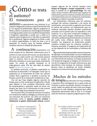 requerir algunas de las mismas terapias como
terapia de lenguaje y terapia ocupacional, o estar
bajo el cuidado de un gastroenterólogo. Por esta
razón, hemos incluido información para explicar los
tratamientos para los síntomas centrales del autismo
y los tratamientos para las condiciones coexistentes,
biológicas y médicas asociadas al autismo.
Los tratamientos intensivos para los síntomas
centrales del autismo responden a los temas de
socialización, comunicación y cognición que forman
la esencia del autismo. Los tratamientos para los
síntomas asociados abordan desafíos usualmente
asociados con el autismo pero no específicos a este
trastorno. Si su hijo tiene condiciones biológicas o
médicas, tales como alergias, intolerancias a ciertos
alimentos, problemas gastrointestinales o trastornos
del sueño, estos síntomas deben ser tratados
también. Los programas de tratamiento pueden
combinar terapias para los síntomas centrales y
síntomas asociados. El programa de tratamiento de
su hijo depende de las necesidades y fortalezas del
niño.
Algunasdeestasterapiaspuedenusarseenconjunto.
Por ejemplo, si se ha descartado una causa médica para
eltrastornodelsueñodesuniño,sepuederespondercon
una intervención de conducta. La terapia ocupacional
o la terapia de lenguaje se integran con frecuencia a
uno de los programas de terapia intensiva que aquí
describimos como terapias de síntomas centrales.
Muchos niños se benefician de recibir múltiples
terapias en el mismo formato de aprendizaje.
Muchos de los métodos
de terapiaaquí descritos son muy complejos
y requieren más investigación de su parte antes de
iniciarlos. Cuando sea posible, observe la terapia en
acción. Hable con padres de otros niños que tengan
experiencia en este método y asegúrese que usted
comprende plenamente todo lo que es la terapia
antes de comenzar cualquier programa para su hijo.
¿Cómo se trata
el autismo?
El tratamiento para el
autismo es generalmente muy intensivo. Es un
proyecto integral que involucra a toda la familia del niño
y a un equipo de profesionales. Algunos programas se
llevanacaboensupropiacasa.Estosprogramasbasados
enelhogarpuedencontarconunprofesionalespecialista
y terapeutas capacitados o puede que a usted se lo
capacite como terapeuta de su hijo bajo la supervisión
de un profesional. Algunos programas se llevan a cabo
en centros especializados, un salón de clase o en el
preescolar. En muchos casos las familias prefieren
combinar más de un método de tratamiento.
A continuación presentamos una
visión amplia de los diferentes tratamientos para el
autismo en esta sección del manual. Las descripciones
son para que usted cuente con información general
sobre el autismo. Verá lo útil que es conocer los
diferentes métodos en acción para poder entenderlos
mejor. Un punto de partida excelente es el
video-glosario sobre TEA del sitio Web de Autism
Speaks: www.AutismSpeaks.org.
Su pediatra particular, el pediatra especialista en
trastornos de desarrollo o el trabajador social que se
especializa en el tratamiento de niños con autismo
pueden darle sugerencias o ayudarlo a priorizar las
terapias a partir de la evaluación completa de su hijo.
Una vez que haya elegido algunas opciones de
terapia para su hijo, usted querrá explorarlas a fondo
para obtener la más completa información antes
de comprometerse a aplicarlas. Antes de iniciar una
terapia, por favor, lea la información en este manual
sobre “Cómo elegir los proveedores de servicio”.
Paramuchosniños,elcuadrodeautismosecomplica
con condiciones médicas, biológicas y síntomas que no
son exclusivos del autismo. Los niños con trastornos
adicionales, como la apraxia, parálisis cerebral o
intolerancia al gluten (enfermedad celíaca), pueden
{
Los términos “tratamiento” y
“terapia” son intercambiables.
Asimismo la palabra
“intervención” puede usarse
para describir un tratamiento
o terapia.
} {
Las terapias incluyen una amplia
variedad de herramientas,
servicios y métodos de
aprendizaje entre los que usted
puede elegir para que su niño
alcance su potencial.
}
Tratarelautismo
23
 