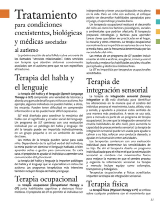 Tratamiento
para condiciones
coexistentes, biológicas
y médicas asociadas
al autismo
La próxima sección de este folleto cubre una serie de
los llamados “servicios relacionados”. Estos servicios
son terapias que abordan síntomas comúnmente
asociados con el autismo pero que no son específicos
al trastorno.
Terapia del habla y
el lenguaje
La terapia del habla y el lenguaje (Speech-Language
Therapy o SLT) comprende una variedad de técnicas y
abordaunagamadedesafíosparaniñosconautismo.Por
ejemplo, algunos individuos no pueden hablar; a otros,
les encanta. Pueden tener dificultad en comprender
información o se les puede hacer difícil expresarse.
SLT está diseñada para coordinar la mecánica del
habla con el significado y el valor social del lenguaje.
Un programa de SLT comienza con una evaluación
individual por un patólogo del habla y lenguaje. De
ahí la terapia puede ser impartida individualmente,
en un grupo pequeño o en un ambiente de salón
de clases.
Las metas de la terapia pueden variar para cada
niño. Dependiendo de la aptitud verbal del individuo,
la meta puede ser dominar el lenguaje hablado, o bien
aprender señas o gestos para comunicarse. En cada
caso, el propósito es ayudar al individuo a aprender una
comunicación útil y funcional.
La terapia del habla y lenguaje la imparten patólogos
del habla y el lenguaje que se especializan en niños con
autismo. Los programas terapéuticos más intensivos
también incluyen terapia del habla y lenguaje.
Terapia ocupacional
La terapia ocupacional (Occupational Therapy u
OT) junta habilidades cognitivas y destrezas físico-
motoras. El propósito de OT es permitir al individuo ser
independiente y tener una participación más plena
en la vida. Para un niño con autismo, el enfoque
podría ser desarrollar habilidades apropiadas para
el juego, el aprendizaje y lavida diaria.
Un terapeuta ocupacional evaluará el desarrollo
del niño así como los factores psicológicos, sociales
y ambientales que podrían afectarlo. El terapeuta
preparará estrategias y tácticas para aprender
tareas claves que deben ser practicadas en el hogar,
la escuela y otros entornos. La terapia ocupacional
normalmente es impartida en sesiones de una hora
o media hora, con la frecuencia determinada por las
necesidades del niño.
Las metas de un programa de OT pueden incluir
enseñar al niño a vestirse, arreglarse, comer y usar el
bañosolo,ymejorarlashabilidadessociales,visuales
perceptuales y destrezas motoras finas.
La OT es impartida por terapeutas ocupacionales
acreditados.
Terapia de
integración sensorial
La terapia de integración sensorial (Sensory
Integration o SI) está diseñada para identificar
las alteraciones en la manera que el cerebro del
individuo procesa el movimiento, tacto, olfato, vista
y sonido, y ayudarlo a procesar estos sentidos de
una manera más productiva. A veces se usa sola,
pero a menudo es parte de un programa de terapia
ocupacional. Se cree que la integración sensorial no
enseña habilidades de alto nivel, pero aumenta la
capacidad de procesamiento sensorial. La terapia de
integración sensorial puede ser usada para ayudar a
calmar a su hijo, reforzar una conducta deseada, o
ayudar en la transición entre actividades.
Los terapeutas comienzan con una evaluación
individual para determinar las sensibilidades de
su hijo. De ahí el terapeuta diseña un programa
individualizadoparaelniñoenelquelaestimulación
sensorial se combina con movimientos físicos
para mejorar la manera en que el cerebro procesa
y organiza la información sensorial. La terapia
a menudo incluye equipo como columpios,
trampolines y toboganes.
Terapeutas ocupacionales y físicos acreditados
imparten la terapia de integración sensorial.
Terapia física
La terapia física (Physical Therapy o PT) se enfoca
sobre cualquier problema con el movimiento que
31
 