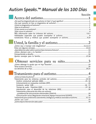Autism Speaks.™ Manual de los 100 Días
Acerca del autismo................................................................1
	 ¿Por qué fue diagnosticado con autismo mi hijo? ¿Y qué significa?..................................................................1
	 ¿Por qué necesita mi hijo un diagnóstico de autismo?.....................................................................................1
	 ¿Cómo se diagnostica el autismo?............................................................................................................................. 2
	 ¿Qué es el autismo?........................................................................................................................................................3
	 ¿Cuán común es el autismo?........................................................................................................................................4
	 ¿Qué causa el autismo?.................................................................................................................................................4
	 Más información sobre los síntomas del autismo......................................................................................5,6,7
	 Habilidades especiales que pueden acompañar al autismo.....................................................................8
	 Condiciones físicas y médicas que pueden acompañar al autismo.................................................9,10
Usted, la familia y el autismo................................2
	 ¿Cómo voy a manejar este diagnóstico? …………...........………….............................................................11,12,13
	 Éstos son algunos consejos……………................................….................................................................................13,14
	 ¿Quédebemossabersobrenuestroshijosmenoresofuturos?.…………...............................................................14
	 ¿Cómo afectará esto a la familia?.......………….....................................................................................................15
	 Compartiendo su desafío..................…………...............................................................................................................16
	 Quince consejos para la familia....…………......................................................................................................17,18
Obtener servicios para su niño.........................3
	 ¿Cómo obtengo la ayuda que mi hijo necesita?..............................................................................................19
	 Tener acceso a servicios................................................................................................................................................20
	Los derechos de su hijo..........................................................................................................................................20,21
Tratamiento para el autismo..................................4
	 ¿Cómosetrataelautismo?..........................................................................................................................................23
	 Tratamiento para los síntomas centrales del autismo...........................................................................24-30
Análisis conductual aplicado (ABA)............................................................................................................25, 26
Entrenamiento en respuestas centrales (PRT)..................................................................................................26
Conducta verbal (VB)....................................................................................................................................26, 27
Tiempo de suelo - Floortime (DIR)...............................................................................................................27, 28
Intervención para el desarrollo de las relaciones (RDI)......................................................................28
Tratamiento y educación de niños con autismo
y problemas de comunicación relacionados (TEACCH)…..............................…………………………………..……….29
Comunicación social /Regulación emocional /Apoyo transaccional (SCERTS)….…...................................30
	 Tratamientoparacondicionescoexistentes,biológicasymédicasasociadasalautismo.......................31-33
	 ¿Existe una cura?.........................................................................................................................................................33
	 ¿Cómoelijolaintervenciónadecuada?.....................................................................................................................34
Sección
iv
 