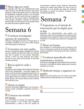 Hacer algo por usted
Ha superado este mes, que probablemente haya
sido uno de los más difíciles de toda su vida. No se
olvide de cuidarse. Recuerde cómo era usted antes
del diagnóstico. Dedíquele tiempo a una actividad
que le guste; se dará cuenta de que le ayudará a
enfrentar los retos que lo esperan. Probablemente
tiene amigos y parientes a quienes les encantaría
ayudarlo, pero no saben qué es lo que pueden hacer
por usted. No dude en pedirles ayuda.
Semana 6
Continuar investigando
opciones de tratamiento
Continúe investigando opciones de tratamiento. Si
es posible, inscríbase en un curso o taller. Busque
más información en el Internet.
Conectarse con otros padres
Acuda a un grupo de apoyo o póngase en contacto
con otros padres de familia de niños con autismo
para que lo ayuden en este proceso. Aprenderá
mucho, y estar con otras personas que entien-
den por lo que usted está pasando, le permitirá
mantenerse fuerte..
Buscar quién le cuide a
su hijo
Consigaunaniñera(baby-sitter)calificada.Noespere
hasta estar desesperado —encuentre alguien con
quien se sienta cómodo y haga planes para salir una
noche. Si ya tiene una estupenda niñera, invítela a
pasar algún tiempo con usted y su hijo para que se
pueda ajustar a las nuevas técnicas que su familia
está usando en casa.
Armar su equipo
Continúe haciéndole seguimiento a los servicios y
busque nuevos candidatos a proveerle servicios a
su niño.
Convocar una reunión
del equipo
Si ya ha armado un equipo de terapeutas, usted
querrá convocar a una reunión para establecer
procedimientos y metas y abrir los canales de
comunicación. También querrá continuar observando
sesiones de terapia para aplicar en casa lo que ha
aprendido. Si no es posible que todos los miembros
del equipo se reúnan en persona, convoque a una
conferencia telefónica..
Semana 7
Capacitarse en el método de
intervención que ha elegido para
su hijo
Aproveche los entrenamientos para padres. Los
terapeutas suelen ofrecer programas de entrenamiento
para padres que le ayudarán a llevar a casa los métodos
utilizados en la terapia para potenciar el progreso de
su niño. 	
Hacer un horario
Para visualizar si ha distribuido bien el tiempo es útil
tener un horario por escrito de las terapias. También le
ayudará a planificar el tiempo para los otros miembros
de la familia.
Continuar aprendiendo sobre
tratamientos y servicios
Continúesuinvestigaciónsobretratamientosyservicios.
Consulte el sitio Web de Autism Speaks para encontrar
contactos en su área.
Dedicarle tiempo a organizar sus
papeles
Organice los documentos que se le hayan acumulado.
Trate de eliminar materiales que no va a necesitar.
45
 
