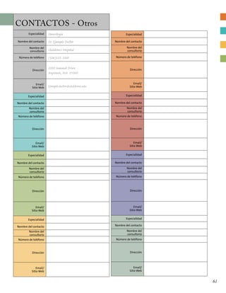 CONTACTOS - Otros
Especialidad Neurología
Nombre del contacto Dr. Ejemplo Doctor
Nombre del
consultorio Children’s Hospital
Número de teléfono (508)555-1000
Dirección
2000 Summit Drive
Anytown, MA 01000
Email/
Sitio Web Ejemplo.doctor@childrens.edu
Especialidad
Nombre del contacto
Nombre del
consultorio
Número de teléfono
Dirección
Email/
Sitio Web
Especialidad
Nombre del contacto
Nombre del
consultorio
Número de teléfono
Dirección
Email/
Sitio Web
Especialidad
Nombre del contacto
Nombre del
consultorio
Número de teléfono
Dirección
Email/
Sitio Web
Especialidad
Nombre del contacto
Nombre del
consultorio
Número de teléfono
Dirección
Email/
Sitio Web
Especialidad
Nombre del contacto
Nombre del
consultorio
Número de teléfono
Dirección
Email/
Sitio Web
Especialidad
Nombre del contacto
Nombre del
consultorio
Número de teléfono
Dirección
Email/
Sitio Web
Especialidad
Nombre del contacto
Nombre del
consultorio
Número de teléfono
Dirección
Email/
Sitio Web
61
 