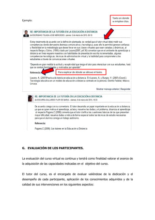 Ejemplo:
G. EVALUACIÓN DE LOS PARTICIPANTES.
La evaluación del curso virtual es continua y tendrá como finalidad valorar el avance de
la adquisición de las capacidades indicadas en el objetivo del curso.
El tutor del curso, es el encargado de evaluar valiéndose de la dedicación y el
desempeño de cada participante, aplicación de los conocimientos adquiridos y de la
calidad de sus intervenciones en los siguientes aspectos:
Texto en donde
se emplea citas.
Para explicar de dónde se obtuvo el texto.
 