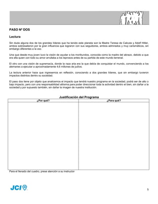 PASO Nº DOS

Lectura
Sin duda alguna dos de los grandes líderes que ha tenido este planeta son la Madre Teresa de Calcuta y Adolf Hitler,
ambos sobresalieron por la gran influencia que lograron con sus seguidores, ambos admirados y muy carismáticos, sin
embargo diferentes a la vez.

Una que desde muy joven tuvo la visión de ayudar a los moribundos, conocida como la madre del abrazo, debido a que
era ella quien con todo su amor arrullaba a los leprosos antes de su partida de este mundo terrenal.

El otro con una visión de supremacía, donde la raza aria era la que debía de conquistar el mundo, convenciendo a los
alemanes a ejecutar a aproximadamente 4,6 millones de judíos.

La lectura anterior hace que ingresemos en reflexión, conociendo a dos grandes líderes, que sin embargo tuvieron
impactos distintos dentro su sociedad.

El paso dos tiene por objeto que analicemos el impacto que tendrá nuestro programa en la sociedad, podrá ser de alto o
bajo impacto, pero con una responsabilidad altísima para poder direccionar toda la actividad dentro el bien, sin dañar a la
sociedad y por supuesto también, sin dañar la imagen de nuestra institución.


                                            Justificación del Programa
                        ¿Por qué?                                                     ¿Para qué?




Para el llenado del cuadro, prese atención a su instructor




                                                                                                                         5
 