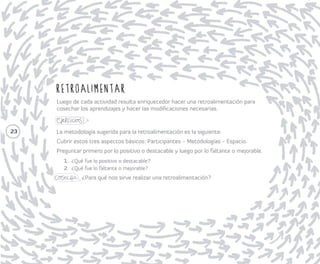 Prácticas 
Ya sabes la importancia de practicar y practicar para lograr cualquier objetivo 
del propósito de una comunidad u organización. 
¿Cuáles son las prácticas que necesita tu comunidad/organización para lograr 
dichos objetivos en relación al propósito? 
Ejercicio 
23 
Práctica Objetivos en relación al propósito Periodicidad 
Cosecha: ¿Cuáles son mis resultados al practicar? 
 