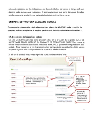 16
adecuada redacción en las indicaciones de las actividades, así como el tiempo del que
dispone cada alumno para realizarlas. El acompañamiento que se le dará para llevarlas
satisfactoriamente a cabo, forma parte del diseño instruccional de su curso.
UNIDAD 3. ESTRUCTURA BÁSICA DE MOODLE
Competencia a desarrollar: Aplica la estructura básica de MOODLE en la creación de
su curso en línea adoptando el modelo y estructura didáctica diseñada en la unidad 2.
3.1. Descripción del espacio de trabajo
En esta Unidad trabajaremos como profesor editor en la creación de su propio curso. ES
IMPORTANTE TENGA IMPRESO SU FORMATO DE ESTRUCTURA DIDÁCTICA, ya que lo
llenará estableciendo las actividades y recursos de MOODLE que serán configurados en esta
unidad. Para trabajar en el rol de profesor editor es importante que active la edición ya que
así podrá ingresar a las configuraciones de su espacio en el aula virtual.
Al dar clic al espacio de su curso ingresará a una pantalla similar a ésta:
EL PRIMER PASO ES
ACTIVAR LA EDICIÓN
BLOQUE DE
EVENTOS
PROXIMOS, por
ejemplo: un
examen, tarea,
etc.
ACTIVIDAD
RECIENTE.
Nos muestra lo
que han hecho
los usuarios de
nuestro curso.
BLOQUE ÚLTIMAS NOTICIAS Este
bloque les muestra a los estudiantes
materiales o actividades que el
profesor ha subido
 