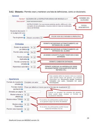 29
Diseño de Cursos con MOODLE versión 2.6.
3.4.2. Glosario.- Permite crear y mantener una lista de definiciones, como un diccionario.
NOMBRE DEL
GLOSARIO
TEXTO
DESCRIPTIVO
PUEDE SER SECUNDARIO O PRINCIPAL
PERMITE INCORPORAR AUTOMATICAMENTE LAS
ENTRADAS DEL ALUMNO
PERMITE INCORPORAR AUTOMATICAMENTE LAS
ENTRADAS DEL ALUMNO
UN MISMO CONCEPTO PUEDE TENER DOS O MAS
ENTRADAS
PERMITE COMENTAR ENTRADAS
PERMITE AGREGAR UN HIPERENLACE (SERÁ
ENLAZADO DESDE CUALQUIER SITIO QUE SE
REFIERA A ÉL)
Esta variable define la manera cómo se mostrará
cada entrada dentro del glosario. Los formatos
disponibles son: Diccionario simple, Contínuo,
Completo con autor, Completo sin autor,
Enciclopedia.
Cuando se aprueban las entradas del glosario,
Usted puede elegir emplear un formato de
visualización diferente
Si se activa, los participantes pueden buscar
en el glosario según las letras del alfabeto.
Si se activa, los participantes pueden buscar
todas las entradas a la vez.
 