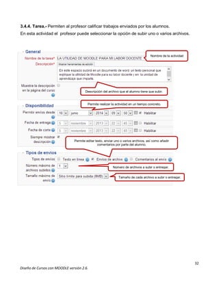 32
Diseño de Cursos con MOODLE versión 2.6.
3.4.4. Tarea.- Permiten al profesor calificar trabajos enviados por los alumnos.
En esta actividad el profesor puede seleccionar la opción de subir uno o varios archivos.
Nombre de la actividad
Descripción del archivo que el alumno tiene que subir.
Permite realizar la actividad en un tiempo concreto.
Permite editar texto, enviar uno o varios archivos, así como añadir
comentarios por parte del alumno.
Número de archivos a subir o entregar.
Tamaño de cada archivo a subir o entregar.
 