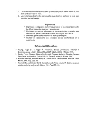 2. Los materiales aislantes son aquellos que impiden parcial o total mente el paso
de la onda a través de ellos.
3. Los materiales absorbentes son aquellos que absorben parte de la onda pero
permiten que parte pase.
Sugerencias
 El profesor podrá pedirle al alumno que realice un cuadro donde muestre
las diferencias entre aislantes y absorbentes.
 El profesor empleara el software como herramienta para mostrarles a los
alumnos las aplicaciones de las nuevas tecnologías a la ciencia.
 Deberá sugerirle como mejoraría el montaje entregado
 Realizar un vocabulario con conceptos claves aprehendidos en la
experiencia.
Referencias Bibliográficas
 Young, Hugh D., y Roger A. Freedman. Física Universitaria volumen I.
Decimosegunda edición. Editorial PEARSON EDUCACIÓN, México, 2009.
 Castro Flores Eduardo, Moreno Emilio José, Rosales Norberto. Ciencias físicas o
filosofía de la naturaleza. Cuarta Edición. Panamá. Imprenta Articsa, 2007.
 Burbano Santiago, Burbano Enrique, Gracia Carlos. Física General. Editorial Tébar.
Madrid.2005. Pág. 379-380
 Resnick Robert, Holliday David, Karnes Kenneth.Física volumen1. Decimo segunda
edición. editorial continental. México, 2001.Pag 495-510.
 