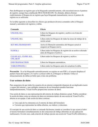 Manual del programador, Parte 5: Ampliar aplicaciones                                         Página 37 de 89


 Para desbloquear un registro que se ha bloqueado automáticamente, sólo necesitará mover el puntero
 de registro, aunque haya establecido MULTILOCKS ON. No obstante, deberá eliminar
 explícitamente el bloqueo de un registro que haya bloqueado manualmente; mover el puntero de
 registro no es suficiente.

 En la tabla siguiente se describen los efectos que producen diversos comandos sobre el bloqueo
 manual y automático de registros y tablas.

  Comando                                  Efecto
  UNLOCK ALL                               Libera los bloqueos de registro y archivo en el área de
                                           trabajo actual.
  UNLOCK ALL                               Libera todos los bloqueos de todas las áreas de trabajo de la
                                           sesión actual.
  SET MULTILOCKS OFF                       Activa la liberación automática del bloqueo actual al
                                           asegurar un bloqueo nuevo.
  FLOCK( )                                 Libera todos los bloqueos de registro de un archivo afectado
                                           antes de bloquear el archivo.
  CLEAR ALL, CLOSE ALL,                    Libera todos los bloqueos de registro y archivo.
  USE, QUIT
  END TRANSACTION                          Libera los bloqueos automáticos.
  TABLEUPDATE( )                           Libera todos los bloqueos antes de actualizar la tabla.

 Precaución Si se ha bloqueado automáticamente un registro en una FDU y el usuario desplaza el
 puntero fuera del registro y lo vuelve a colocar sobre él, el bloqueo se liberará. Utilice el
 almacenamiento de tablas en búfer para evitar este problema.

 Usar sesiones de datos

 Para asegurarse de que todos los usuarios de un entorno compartido disponen de un duplicado exacto
 y seguro del entorno, y que múltiples instancias de un formulario pueden funcionar
 independientemente, Visual FoxPro proporciona sesiones de datos.

 Una sesión de datos es una representación del entorno de trabajo dinámico actual. Podría considerar
 la sesión de datos como un entorno de datos en miniatura dentro de una sesión de Visual FoxPro
 abierta en un equipo. Cada sesión de datos contiene:

     l   Una copia de los elementos en el entorno de datos del formulario
     l   Cursores que representan las tablas abiertas, sus índices y relaciones.

 El concepto de una sesión de datos se entiende fácilmente cuando se considera lo que ocurre al abrir
 el mismo formulario simultáneamente en dos estaciones de trabajo diferentes en una aplicación
 multiusuario. En este caso, cada estación de trabajo ejecuta una sesión de Visual FoxPro diferente y,
 por tanto, tiene su propio conjunto de áreas de trabajo: cursores que representan las tablas base


file://C:temp~hh1768.htm                                                                        30/05/2000
 
