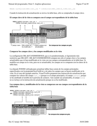 Manual del programador, Parte 5: Ampliar aplicaciones                                   Página 57 de 89

 WHERE OLDVAL(customer.cust_id) = CURVAL(customer_remote_view.cust_id)

 Cuando la instrucción de actualización se envía a la tabla base, sólo se comprueba el campo clave.

 El campo clave de la vista se compara con el campo correspondiente de la tabla base




 Comparar los campos clave y los campos modificados en la vista

 La configuración DB_KEYANDMODIFIED, que es la predeterminada, es ligeramente más
 restrictiva que DB_KEY. DB_KEYANDMODIFIED compara tan sólo el campo clave y los campos
 actualizables que se han modificado en la vista con sus campos correspondientes en la tabla base. Si
 modifica un campo en la vista, pero no es actualizable, los campos no se comparan con los datos de la
 tabla base.

 La cláusula WHERE utilizada para actualizar tablas base consta de los campos principales
 especificados con la propiedad KeyFieldList y de todos los campos que se hayan modificado en la
 vista. En el caso del ejemplo anterior, Visual FoxPro preparará una instrucción de actualización que
 compare los valores del campo cust_id (porque es el campo principal) y el campo contact, porque
 se ha cambiado el nombre de la persona de contacto. Aun cuando sea actualizable, el campo title
 no se incluye en la instrucción de actualización porque no se ha modificado.

 Los campos clave y modificados de la vista se comparan con sus campos correspondientes de la
 tabla base




file://C:temp~hh1768.htm                                                                  30/05/2000
 