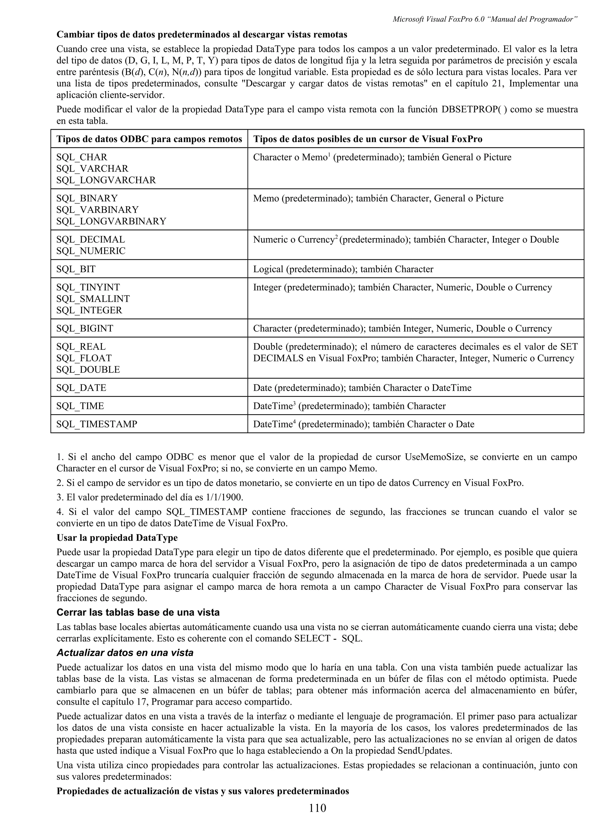 Microsoft Visual FoxPro 6.0 “Manual del Programador”
Cambiar tipos de datos predeterminados al descargar vistas remotas
Cuando cree una vista, se establece la propiedad DataType para todos los campos a un valor predeterminado. El valor es la letra
del tipo de datos (D, G, I, L, M, P, T, Y) para tipos de datos de longitud fija y la letra seguida por parámetros de precisión y escala
entre paréntesis (B(d), C(n), N(n,d)) para tipos de longitud variable. Esta propiedad es de sólo lectura para vistas locales. Para ver
una lista de tipos predeterminados, consulte "Descargar y cargar datos de vistas remotas" en el capítulo 21, Implementar una
aplicación cliente-servidor.
Puede modificar el valor de la propiedad DataType para el campo vista remota con la función DBSETPROP( ) como se muestra
en esta tabla.
Tipos de datos ODBC para campos remotos Tipos de datos posibles de un cursor de Visual FoxPro
SQL_CHAR
SQL_VARCHAR
SQL_LONGVARCHAR
Character o Memo1
(predeterminado); también General o Picture
SQL_BINARY
SQL_VARBINARY
SQL_LONGVARBINARY
Memo (predeterminado); también Character, General o Picture
SQL_DECIMAL
SQL_NUMERIC
Numeric o Currency2
(predeterminado); también Character, Integer o Double
SQL_BIT Logical (predeterminado); también Character
SQL_TINYINT
SQL_SMALLINT
SQL_INTEGER
Integer (predeterminado); también Character, Numeric, Double o Currency
SQL_BIGINT Character (predeterminado); también Integer, Numeric, Double o Currency
SQL_REAL
SQL_FLOAT
SQL_DOUBLE
Double (predeterminado); el número de caracteres decimales es el valor de SET
DECIMALS en Visual FoxPro; también Character, Integer, Numeric o Currency
SQL_DATE Date (predeterminado); también Character o DateTime
SQL_TIME DateTime3
(predeterminado); también Character
SQL_TIMESTAMP DateTime4
(predeterminado); también Character o Date
1. Si el ancho del campo ODBC es menor que el valor de la propiedad de cursor UseMemoSize, se convierte en un campo
Character en el cursor de Visual FoxPro; si no, se convierte en un campo Memo.
2. Si el campo de servidor es un tipo de datos monetario, se convierte en un tipo de datos Currency en Visual FoxPro.
3. El valor predeterminado del día es 1/1/1900.
4. Si el valor del campo SQL_TIMESTAMP contiene fracciones de segundo, las fracciones se truncan cuando el valor se
convierte en un tipo de datos DateTime de Visual FoxPro.
Usar la propiedad DataType
Puede usar la propiedad DataType para elegir un tipo de datos diferente que el predeterminado. Por ejemplo, es posible que quiera
descargar un campo marca de hora del servidor a Visual FoxPro, pero la asignación de tipo de datos predeterminada a un campo
DateTime de Visual FoxPro truncaría cualquier fracción de segundo almacenada en la marca de hora de servidor. Puede usar la
propiedad DataType para asignar el campo marca de hora remota a un campo Character de Visual FoxPro para conservar las
fracciones de segundo.
Cerrar las tablas base de una vista
Las tablas base locales abiertas automáticamente cuando usa una vista no se cierran automáticamente cuando cierra una vista; debe
cerrarlas explícitamente. Esto es coherente con el comando SELECT - SQL.
Actualizar datos en una vista
Puede actualizar los datos en una vista del mismo modo que lo haría en una tabla. Con una vista también puede actualizar las
tablas base de la vista. Las vistas se almacenan de forma predeterminada en un búfer de filas con el método optimista. Puede
cambiarlo para que se almacenen en un búfer de tablas; para obtener más información acerca del almacenamiento en búfer,
consulte el capítulo 17, Programar para acceso compartido.
Puede actualizar datos en una vista a través de la interfaz o mediante el lenguaje de programación. El primer paso para actualizar
los datos de una vista consiste en hacer actualizable la vista. En la mayoría de los casos, los valores predeterminados de las
propiedades preparan automáticamente la vista para que sea actualizable, pero las actualizaciones no se envían al origen de datos
hasta que usted indique a Visual FoxPro que lo haga estableciendo a On la propiedad SendUpdates.
Una vista utiliza cinco propiedades para controlar las actualizaciones. Estas propiedades se relacionan a continuación, junto con
sus valores predeterminados:
Propiedades de actualización de vistas y sus valores predeterminados
110
 