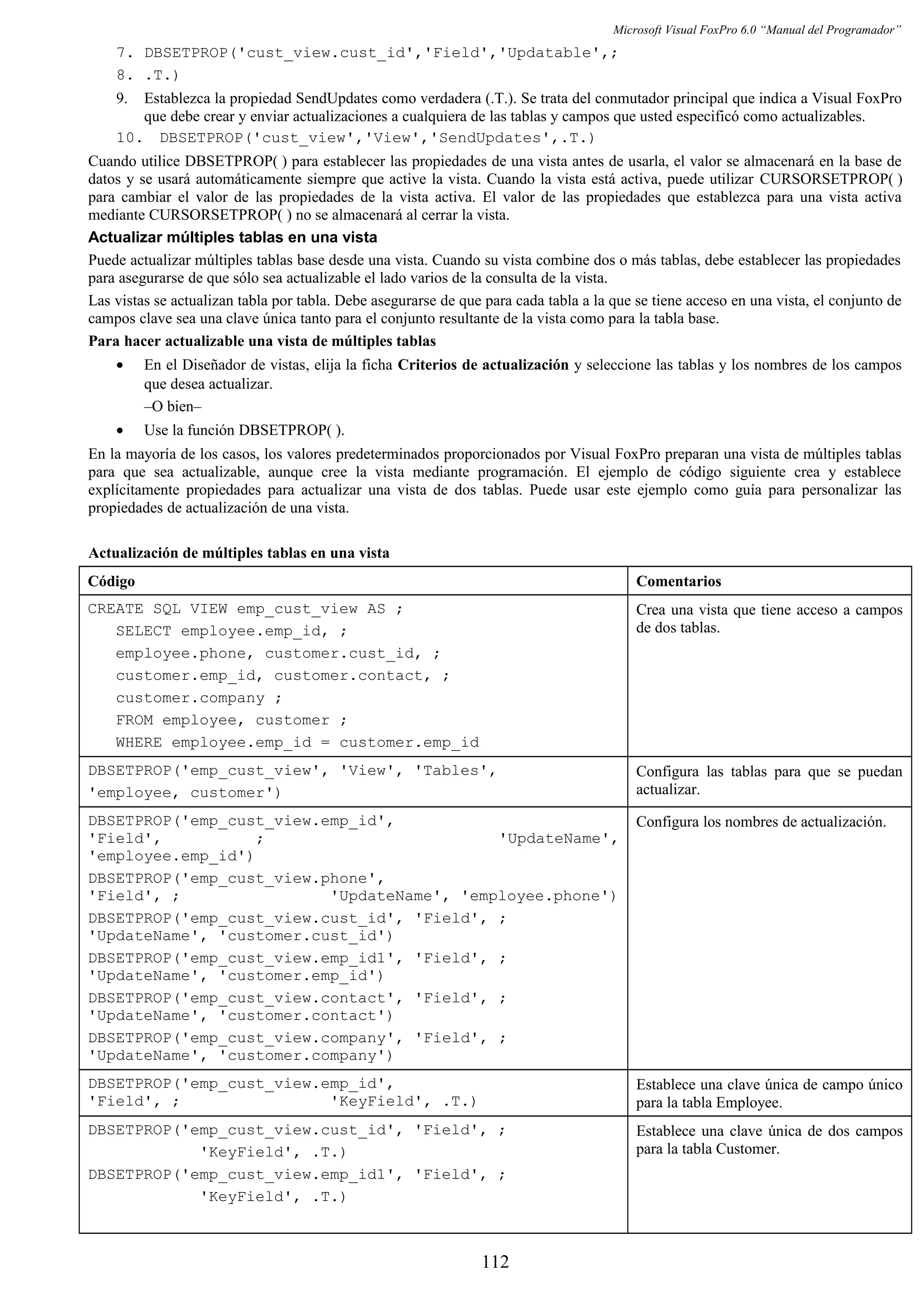 Microsoft Visual FoxPro 6.0 “Manual del Programador”
7. DBSETPROP('cust_view.cust_id','Field','Updatable',;
8. .T.)
9. Establezca la propiedad SendUpdates como verdadera (.T.). Se trata del conmutador principal que indica a Visual FoxPro
que debe crear y enviar actualizaciones a cualquiera de las tablas y campos que usted especificó como actualizables.
10. DBSETPROP('cust_view','View','SendUpdates',.T.)
Cuando utilice DBSETPROP( ) para establecer las propiedades de una vista antes de usarla, el valor se almacenará en la base de
datos y se usará automáticamente siempre que active la vista. Cuando la vista está activa, puede utilizar CURSORSETPROP( )
para cambiar el valor de las propiedades de la vista activa. El valor de las propiedades que establezca para una vista activa
mediante CURSORSETPROP( ) no se almacenará al cerrar la vista.
Actualizar múltiples tablas en una vista
Puede actualizar múltiples tablas base desde una vista. Cuando su vista combine dos o más tablas, debe establecer las propiedades
para asegurarse de que sólo sea actualizable el lado varios de la consulta de la vista.
Las vistas se actualizan tabla por tabla. Debe asegurarse de que para cada tabla a la que se tiene acceso en una vista, el conjunto de
campos clave sea una clave única tanto para el conjunto resultante de la vista como para la tabla base.
Para hacer actualizable una vista de múltiples tablas
• En el Diseñador de vistas, elija la ficha Criterios de actualización y seleccione las tablas y los nombres de los campos
que desea actualizar.
–O bien–
• Use la función DBSETPROP( ).
En la mayoría de los casos, los valores predeterminados proporcionados por Visual FoxPro preparan una vista de múltiples tablas
para que sea actualizable, aunque cree la vista mediante programación. El ejemplo de código siguiente crea y establece
explícitamente propiedades para actualizar una vista de dos tablas. Puede usar este ejemplo como guía para personalizar las
propiedades de actualización de una vista.
Actualización de múltiples tablas en una vista
Código Comentarios
CREATE SQL VIEW emp_cust_view AS ;
SELECT employee.emp_id, ;
employee.phone, customer.cust_id, ;
customer.emp_id, customer.contact, ;
customer.company ;
FROM employee, customer ;
WHERE employee.emp_id = customer.emp_id
Crea una vista que tiene acceso a campos
de dos tablas.
DBSETPROP('emp_cust_view', 'View', 'Tables',
'employee, customer')
Configura las tablas para que se puedan
actualizar.
DBSETPROP('emp_cust_view.emp_id',
'Field', ; 'UpdateName',
'employee.emp_id')
DBSETPROP('emp_cust_view.phone',
'Field', ; 'UpdateName', 'employee.phone')
DBSETPROP('emp_cust_view.cust_id', 'Field', ;
'UpdateName', 'customer.cust_id')
DBSETPROP('emp_cust_view.emp_id1', 'Field', ;
'UpdateName', 'customer.emp_id')
DBSETPROP('emp_cust_view.contact', 'Field', ;
'UpdateName', 'customer.contact')
DBSETPROP('emp_cust_view.company', 'Field', ;
'UpdateName', 'customer.company')
Configura los nombres de actualización.
DBSETPROP('emp_cust_view.emp_id',
'Field', ; 'KeyField', .T.)
Establece una clave única de campo único
para la tabla Employee.
DBSETPROP('emp_cust_view.cust_id', 'Field', ;
'KeyField', .T.)
DBSETPROP('emp_cust_view.emp_id1', 'Field', ;
'KeyField', .T.)
Establece una clave única de dos campos
para la tabla Customer.
112
 