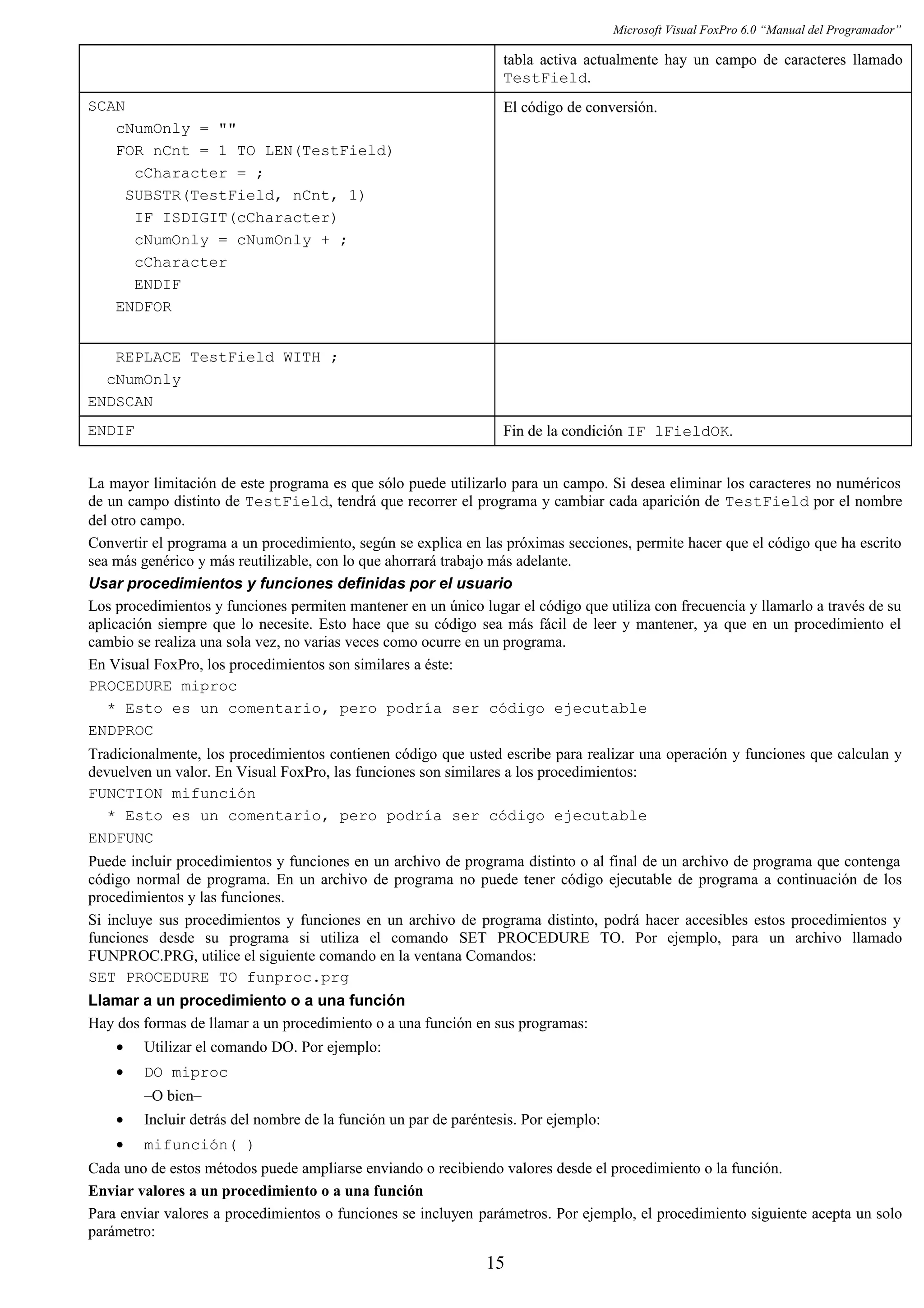 Microsoft Visual FoxPro 6.0 “Manual del Programador”
tabla activa actualmente hay un campo de caracteres llamado
TestField.
SCAN
cNumOnly = ""
FOR nCnt = 1 TO LEN(TestField)
cCharacter = ;
SUBSTR(TestField, nCnt, 1)
IF ISDIGIT(cCharacter)
cNumOnly = cNumOnly + ;
cCharacter
ENDIF
ENDFOR
El código de conversión.
REPLACE TestField WITH ;
cNumOnly
ENDSCAN
ENDIF Fin de la condición IF lFieldOK.
La mayor limitación de este programa es que sólo puede utilizarlo para un campo. Si desea eliminar los caracteres no numéricos
de un campo distinto de TestField, tendrá que recorrer el programa y cambiar cada aparición de TestField por el nombre
del otro campo.
Convertir el programa a un procedimiento, según se explica en las próximas secciones, permite hacer que el código que ha escrito
sea más genérico y más reutilizable, con lo que ahorrará trabajo más adelante.
Usar procedimientos y funciones definidas por el usuario
Los procedimientos y funciones permiten mantener en un único lugar el código que utiliza con frecuencia y llamarlo a través de su
aplicación siempre que lo necesite. Esto hace que su código sea más fácil de leer y mantener, ya que en un procedimiento el
cambio se realiza una sola vez, no varias veces como ocurre en un programa.
En Visual FoxPro, los procedimientos son similares a éste:
PROCEDURE miproc
* Esto es un comentario, pero podría ser código ejecutable
ENDPROC
Tradicionalmente, los procedimientos contienen código que usted escribe para realizar una operación y funciones que calculan y
devuelven un valor. En Visual FoxPro, las funciones son similares a los procedimientos:
FUNCTION mifunción
* Esto es un comentario, pero podría ser código ejecutable
ENDFUNC
Puede incluir procedimientos y funciones en un archivo de programa distinto o al final de un archivo de programa que contenga
código normal de programa. En un archivo de programa no puede tener código ejecutable de programa a continuación de los
procedimientos y las funciones.
Si incluye sus procedimientos y funciones en un archivo de programa distinto, podrá hacer accesibles estos procedimientos y
funciones desde su programa si utiliza el comando SET PROCEDURE TO. Por ejemplo, para un archivo llamado
FUNPROC.PRG, utilice el siguiente comando en la ventana Comandos:
SET PROCEDURE TO funproc.prg
Llamar a un procedimiento o a una función
Hay dos formas de llamar a un procedimiento o a una función en sus programas:
• Utilizar el comando DO. Por ejemplo:
• DO miproc
–O bien–
• Incluir detrás del nombre de la función un par de paréntesis. Por ejemplo:
• mifunción( )
Cada uno de estos métodos puede ampliarse enviando o recibiendo valores desde el procedimiento o la función.
Enviar valores a un procedimiento o a una función
Para enviar valores a procedimientos o funciones se incluyen parámetros. Por ejemplo, el procedimiento siguiente acepta un solo
parámetro:
15
 