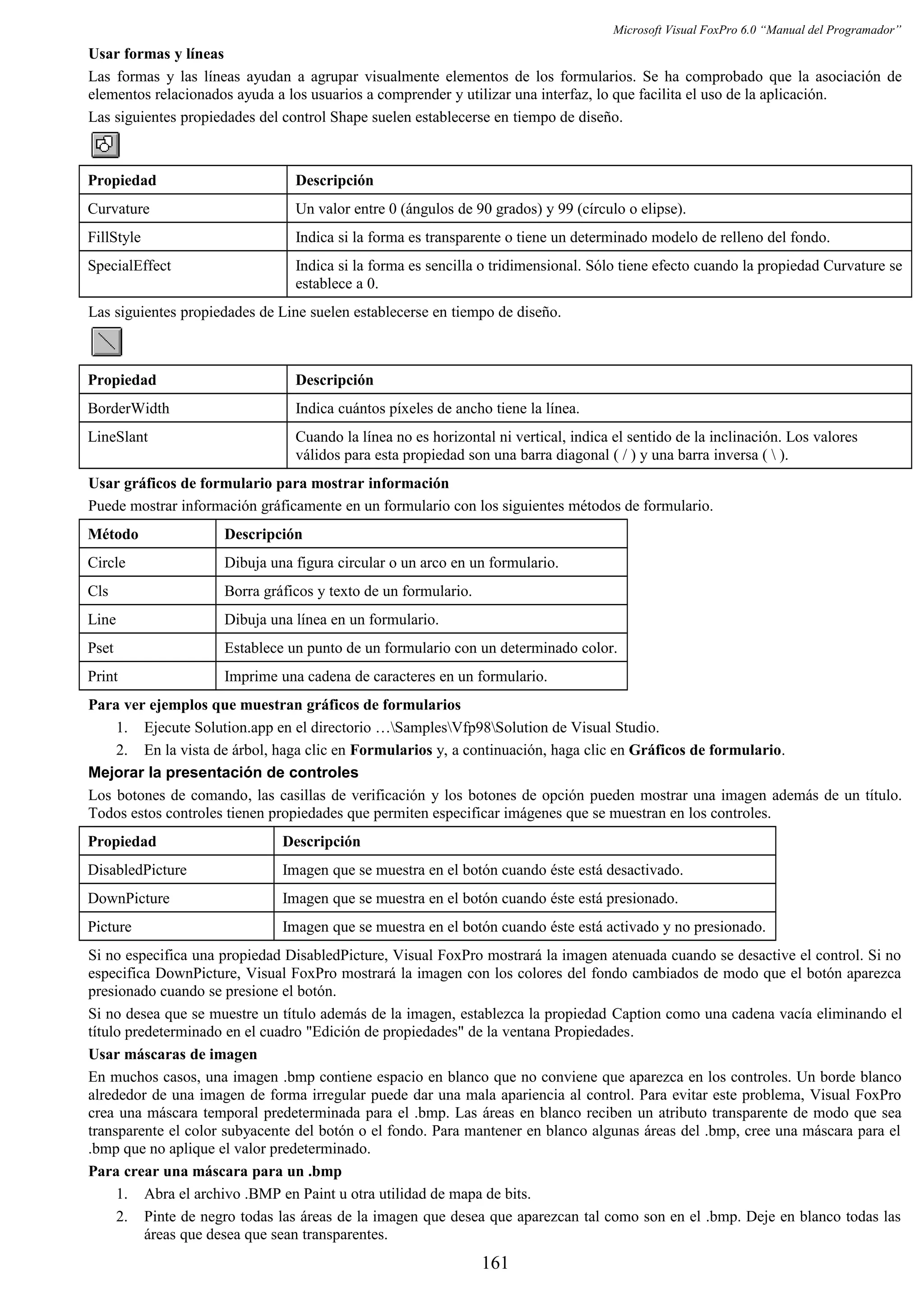 Microsoft Visual FoxPro 6.0 “Manual del Programador”
Usar formas y líneas
Las formas y las líneas ayudan a agrupar visualmente elementos de los formularios. Se ha comprobado que la asociación de
elementos relacionados ayuda a los usuarios a comprender y utilizar una interfaz, lo que facilita el uso de la aplicación.
Las siguientes propiedades del control Shape suelen establecerse en tiempo de diseño.
Propiedad Descripción
Curvature Un valor entre 0 (ángulos de 90 grados) y 99 (círculo o elipse).
FillStyle Indica si la forma es transparente o tiene un determinado modelo de relleno del fondo.
SpecialEffect Indica si la forma es sencilla o tridimensional. Sólo tiene efecto cuando la propiedad Curvature se
establece a 0.
Las siguientes propiedades de Line suelen establecerse en tiempo de diseño.
Propiedad Descripción
BorderWidth Indica cuántos píxeles de ancho tiene la línea.
LineSlant Cuando la línea no es horizontal ni vertical, indica el sentido de la inclinación. Los valores
válidos para esta propiedad son una barra diagonal ( / ) y una barra inversa (  ).
Usar gráficos de formulario para mostrar información
Puede mostrar información gráficamente en un formulario con los siguientes métodos de formulario.
Método Descripción
Circle Dibuja una figura circular o un arco en un formulario.
Cls Borra gráficos y texto de un formulario.
Line Dibuja una línea en un formulario.
Pset Establece un punto de un formulario con un determinado color.
Print Imprime una cadena de caracteres en un formulario.
Para ver ejemplos que muestran gráficos de formularios
1. Ejecute Solution.app en el directorio …SamplesVfp98Solution de Visual Studio.
2. En la vista de árbol, haga clic en Formularios y, a continuación, haga clic en Gráficos de formulario.
Mejorar la presentación de controles
Los botones de comando, las casillas de verificación y los botones de opción pueden mostrar una imagen además de un título.
Todos estos controles tienen propiedades que permiten especificar imágenes que se muestran en los controles.
Propiedad Descripción
DisabledPicture Imagen que se muestra en el botón cuando éste está desactivado.
DownPicture Imagen que se muestra en el botón cuando éste está presionado.
Picture Imagen que se muestra en el botón cuando éste está activado y no presionado.
Si no especifica una propiedad DisabledPicture, Visual FoxPro mostrará la imagen atenuada cuando se desactive el control. Si no
especifica DownPicture, Visual FoxPro mostrará la imagen con los colores del fondo cambiados de modo que el botón aparezca
presionado cuando se presione el botón.
Si no desea que se muestre un título además de la imagen, establezca la propiedad Caption como una cadena vacía eliminando el
título predeterminado en el cuadro "Edición de propiedades" de la ventana Propiedades.
Usar máscaras de imagen
En muchos casos, una imagen .bmp contiene espacio en blanco que no conviene que aparezca en los controles. Un borde blanco
alrededor de una imagen de forma irregular puede dar una mala apariencia al control. Para evitar este problema, Visual FoxPro
crea una máscara temporal predeterminada para el .bmp. Las áreas en blanco reciben un atributo transparente de modo que sea
transparente el color subyacente del botón o el fondo. Para mantener en blanco algunas áreas del .bmp, cree una máscara para el
.bmp que no aplique el valor predeterminado.
Para crear una máscara para un .bmp
1. Abra el archivo .BMP en Paint u otra utilidad de mapa de bits.
2. Pinte de negro todas las áreas de la imagen que desea que aparezcan tal como son en el .bmp. Deje en blanco todas las
áreas que desea que sean transparentes.
161
 