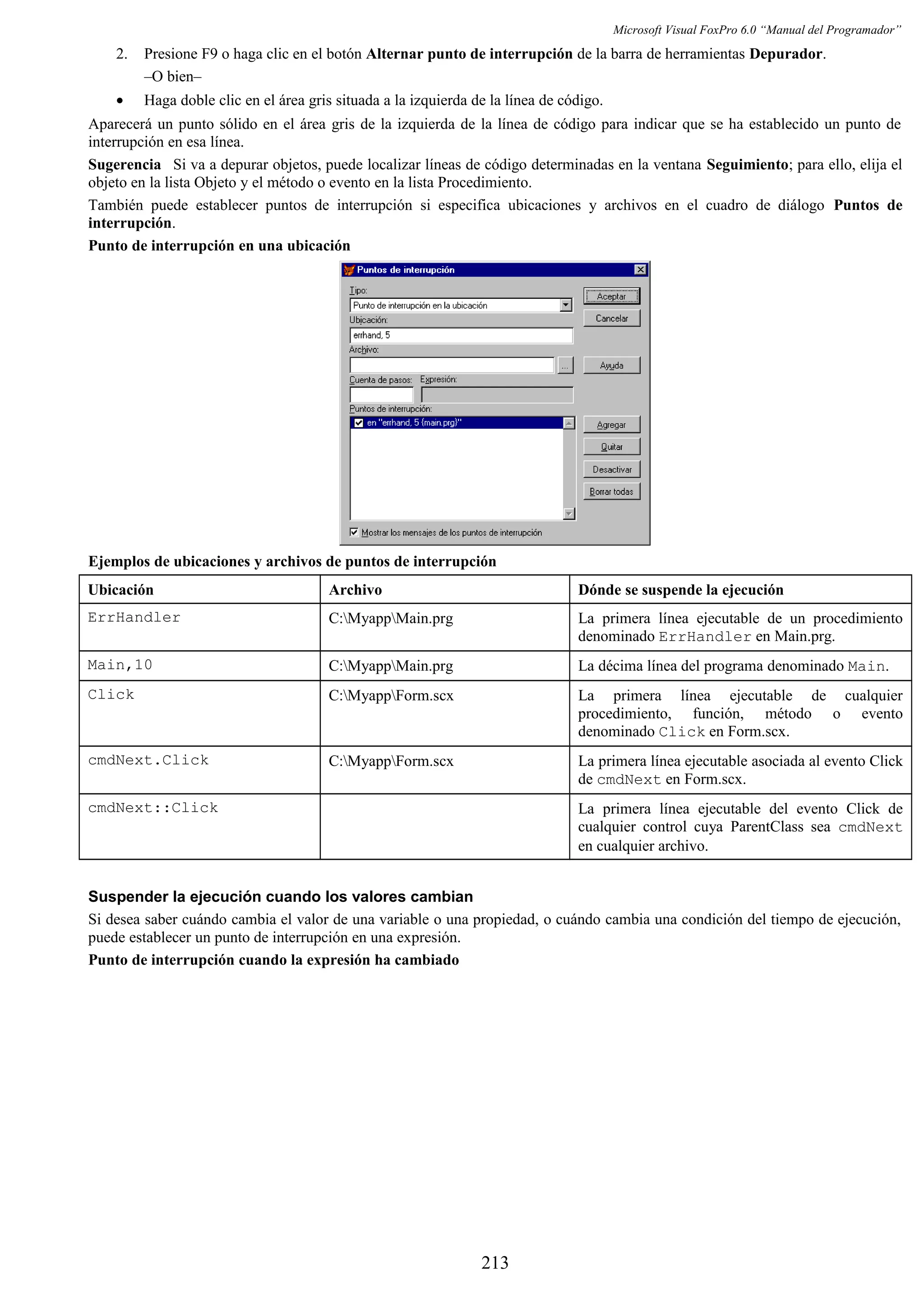Microsoft Visual FoxPro 6.0 “Manual del Programador”
2. Presione F9 o haga clic en el botón Alternar punto de interrupción de la barra de herramientas Depurador.
–O bien–
• Haga doble clic en el área gris situada a la izquierda de la línea de código.
Aparecerá un punto sólido en el área gris de la izquierda de la línea de código para indicar que se ha establecido un punto de
interrupción en esa línea.
Sugerencia Si va a depurar objetos, puede localizar líneas de código determinadas en la ventana Seguimiento; para ello, elija el
objeto en la lista Objeto y el método o evento en la lista Procedimiento.
También puede establecer puntos de interrupción si especifica ubicaciones y archivos en el cuadro de diálogo Puntos de
interrupción.
Punto de interrupción en una ubicación
Ejemplos de ubicaciones y archivos de puntos de interrupción
Ubicación Archivo Dónde se suspende la ejecución
ErrHandler C:MyappMain.prg La primera línea ejecutable de un procedimiento
denominado ErrHandler en Main.prg.
Main,10 C:MyappMain.prg La décima línea del programa denominado Main.
Click C:MyappForm.scx La primera línea ejecutable de cualquier
procedimiento, función, método o evento
denominado Click en Form.scx.
cmdNext.Click C:MyappForm.scx La primera línea ejecutable asociada al evento Click
de cmdNext en Form.scx.
cmdNext::Click La primera línea ejecutable del evento Click de
cualquier control cuya ParentClass sea cmdNext
en cualquier archivo.
Suspender la ejecución cuando los valores cambian
Si desea saber cuándo cambia el valor de una variable o una propiedad, o cuándo cambia una condición del tiempo de ejecución,
puede establecer un punto de interrupción en una expresión.
Punto de interrupción cuando la expresión ha cambiado
213
 